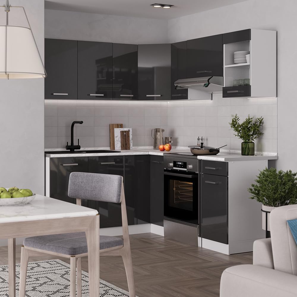 Vicco Cucina angolare completa Rick, Antracite lucido/bianco, 190 x 60 cm, PL Marmo