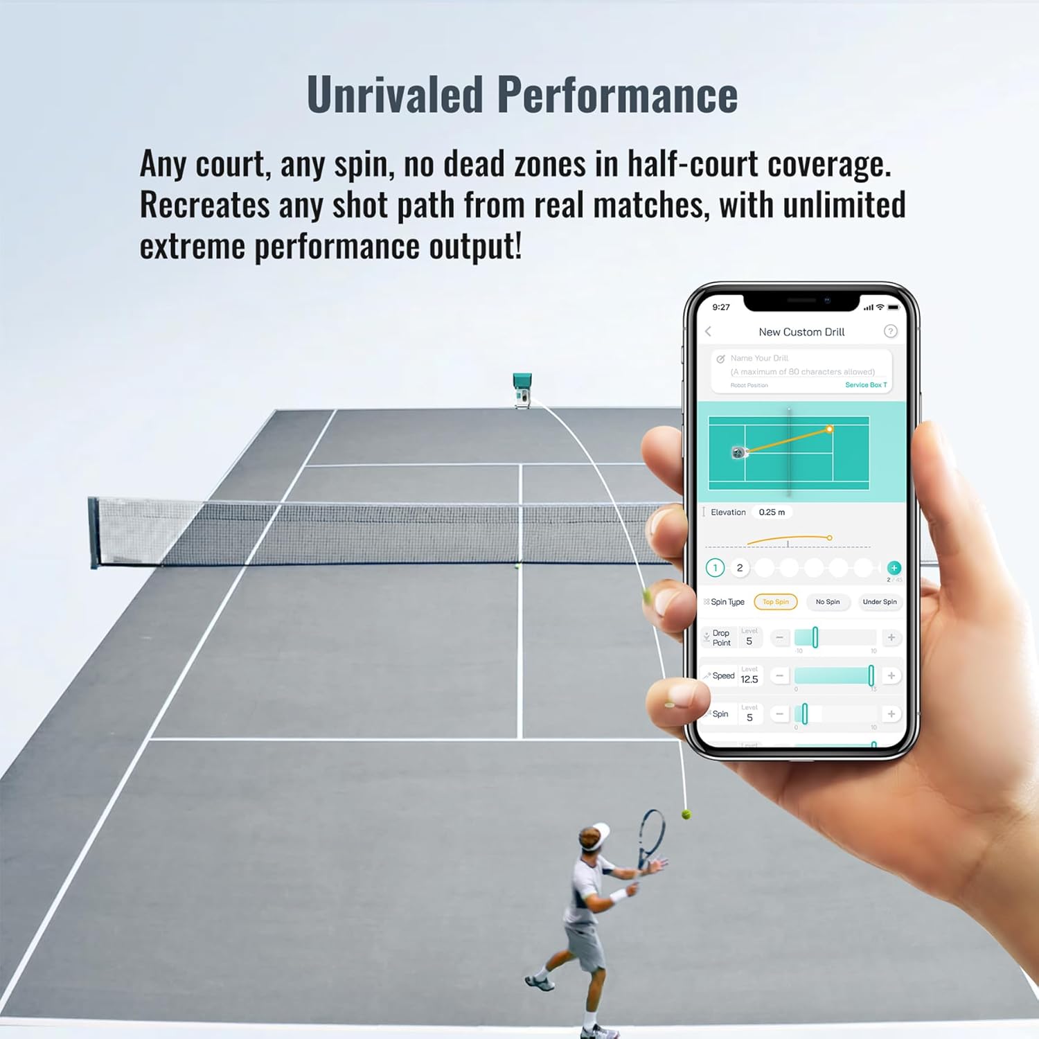 PONGBOT Tennisball-Maschine, App und Fernbedienung, benutzerdefinierte Bohrer, 150 Bälle, max. 80 km/h, 8+ Stunden Ausdauer, Dual-Motor für Topspin und Backspin