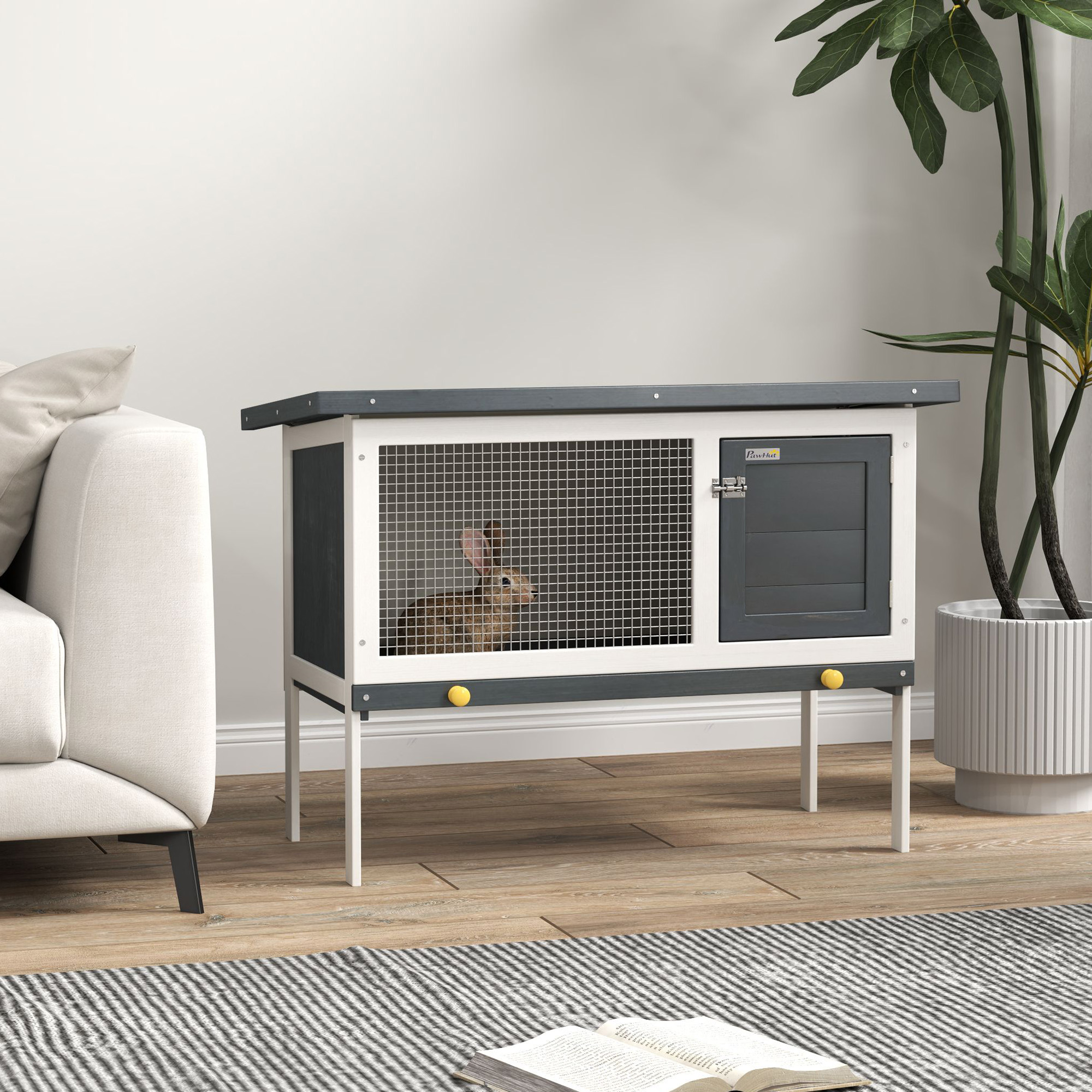 PawHut Kleintierstall mit Dach aus Teerpappe Massivholz Dunkelgrau+Weiß+Grün 90 x 45 x 65 cm