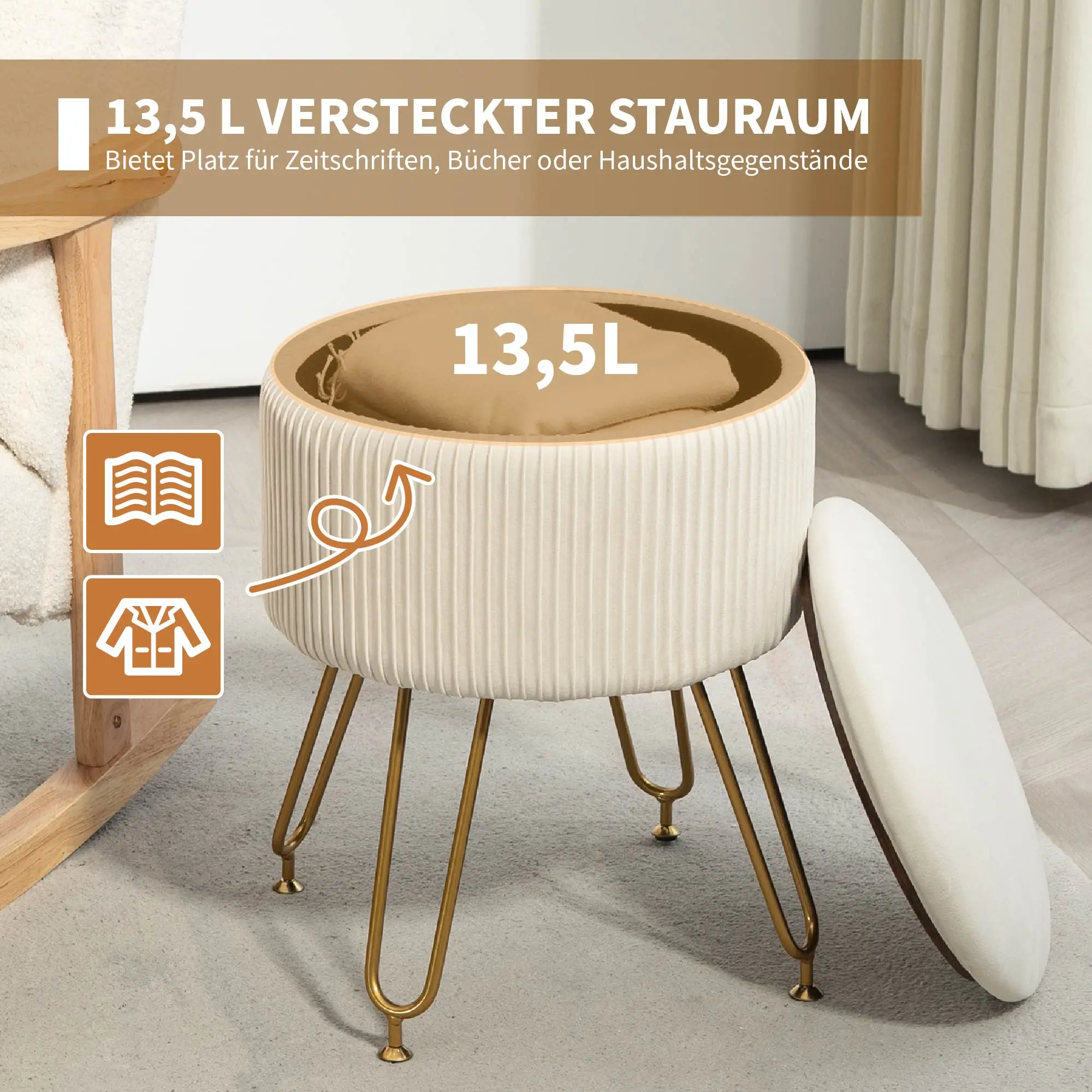 HOMCOM Sitzhocker mit Stauraum und umklappbarem Deckel Cremeweiß