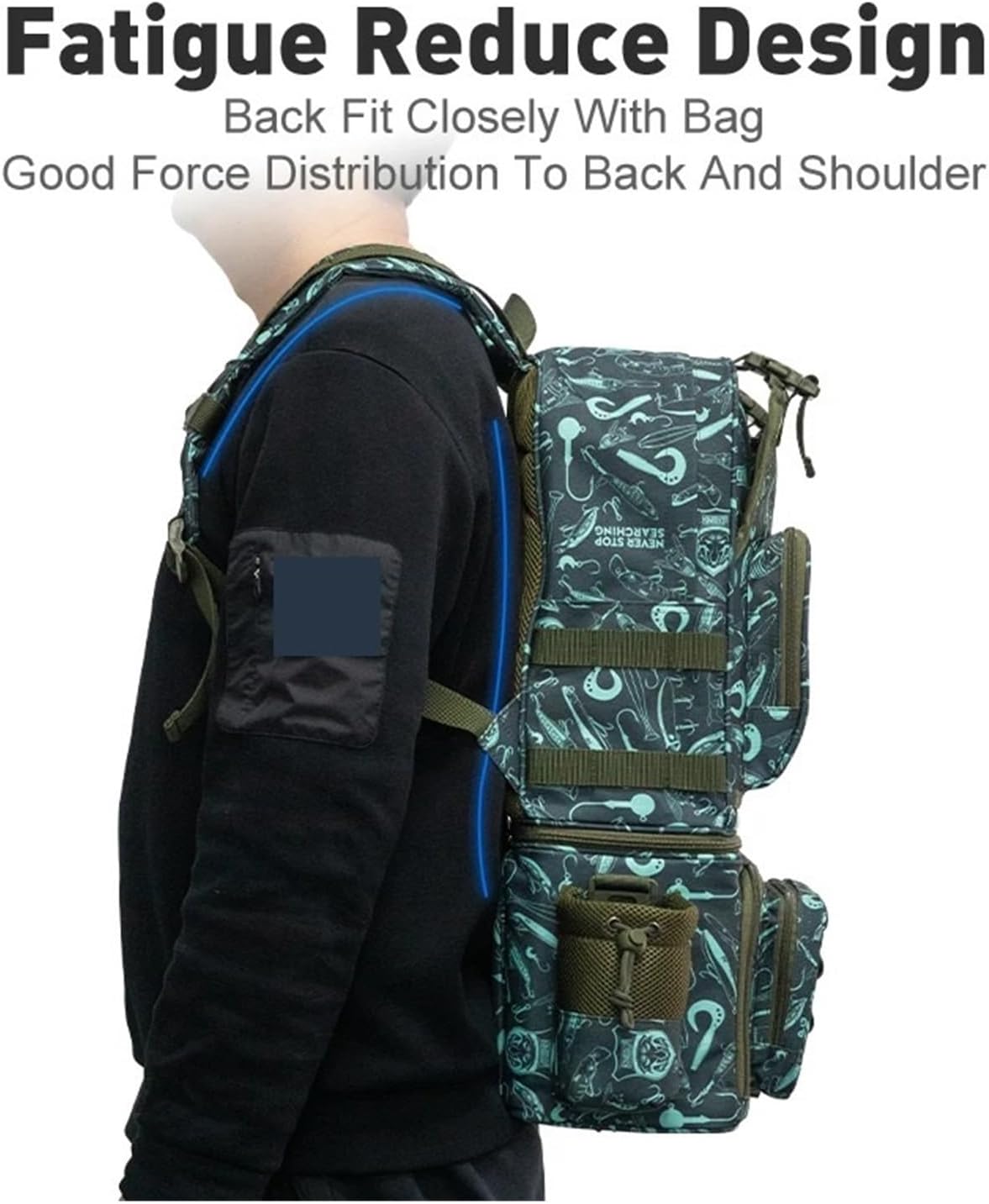 Angelrucksack, 1000D wasserdichtes Nylon, 43 x 24 x 53 cm, großes Fassungsvermögen, multifunktionaler, Abnehmbarer Stauraum for das Winterangeln