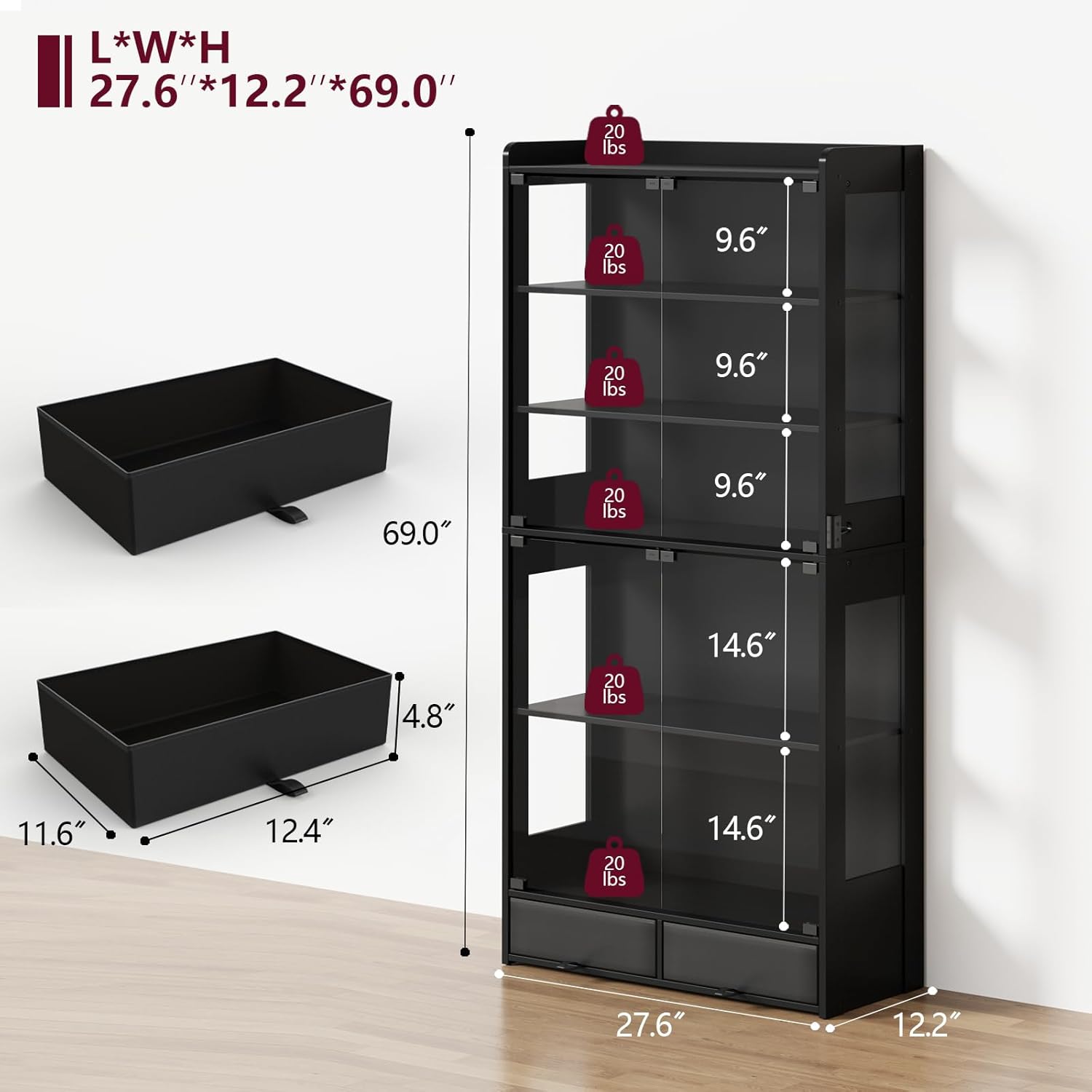 Glass Display Cabinet 69''H with LED Lights, 5-Tier Showcase with Drawers, Collectible Figure Display Case, Freestanding Curio Cabinet, Tall Storage Shelves, Black, 27.6''W