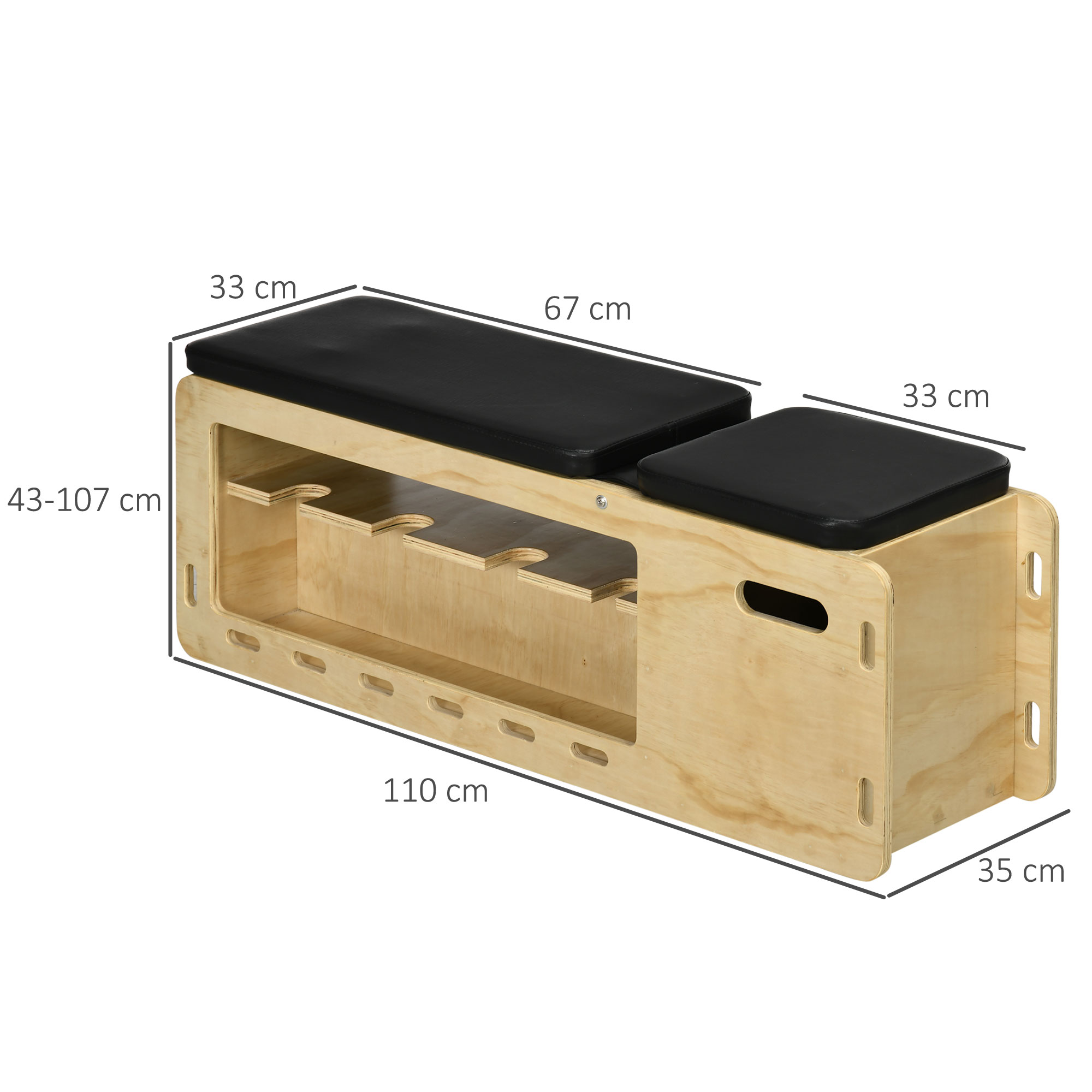 HOMCOM Halterbank met halterrek, 1 opbergmand, verstelbaar in 6 posities, massief hout, naturel + zwart