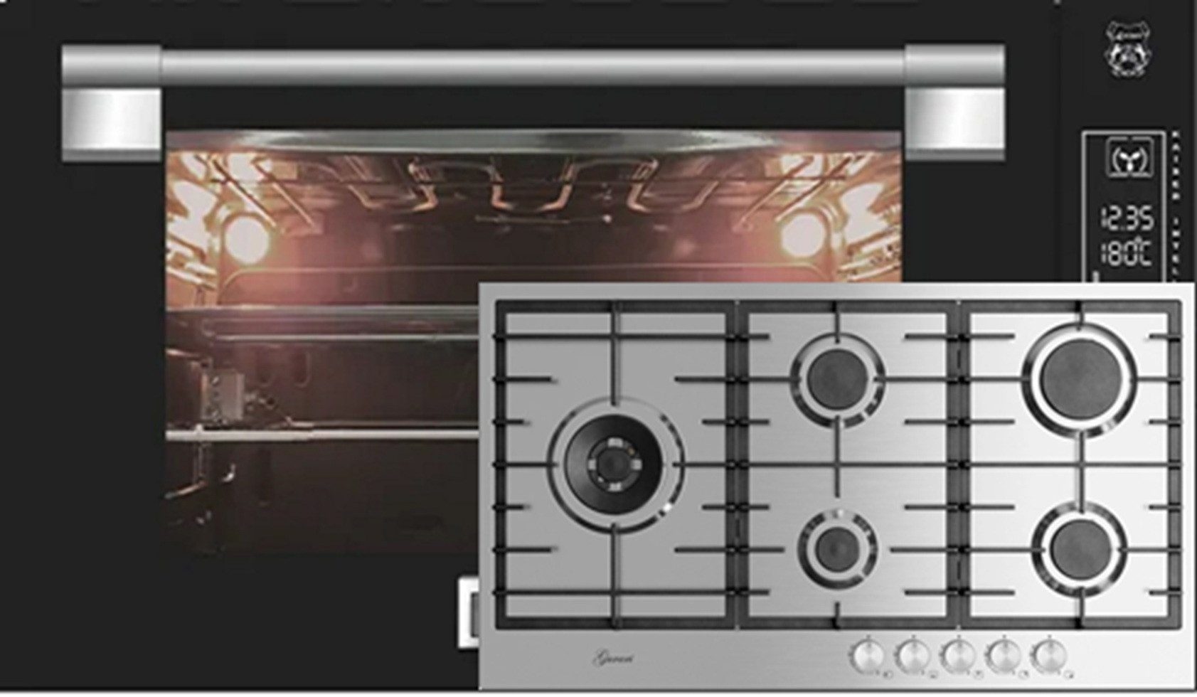 Backofen-Set Herd Set Autark Einbau Backofen 90 cm 105L Schwarzes Glas TouchControl+Gas-Kochfeld 90 cm EH 9309+GCH FG 905 VPGL