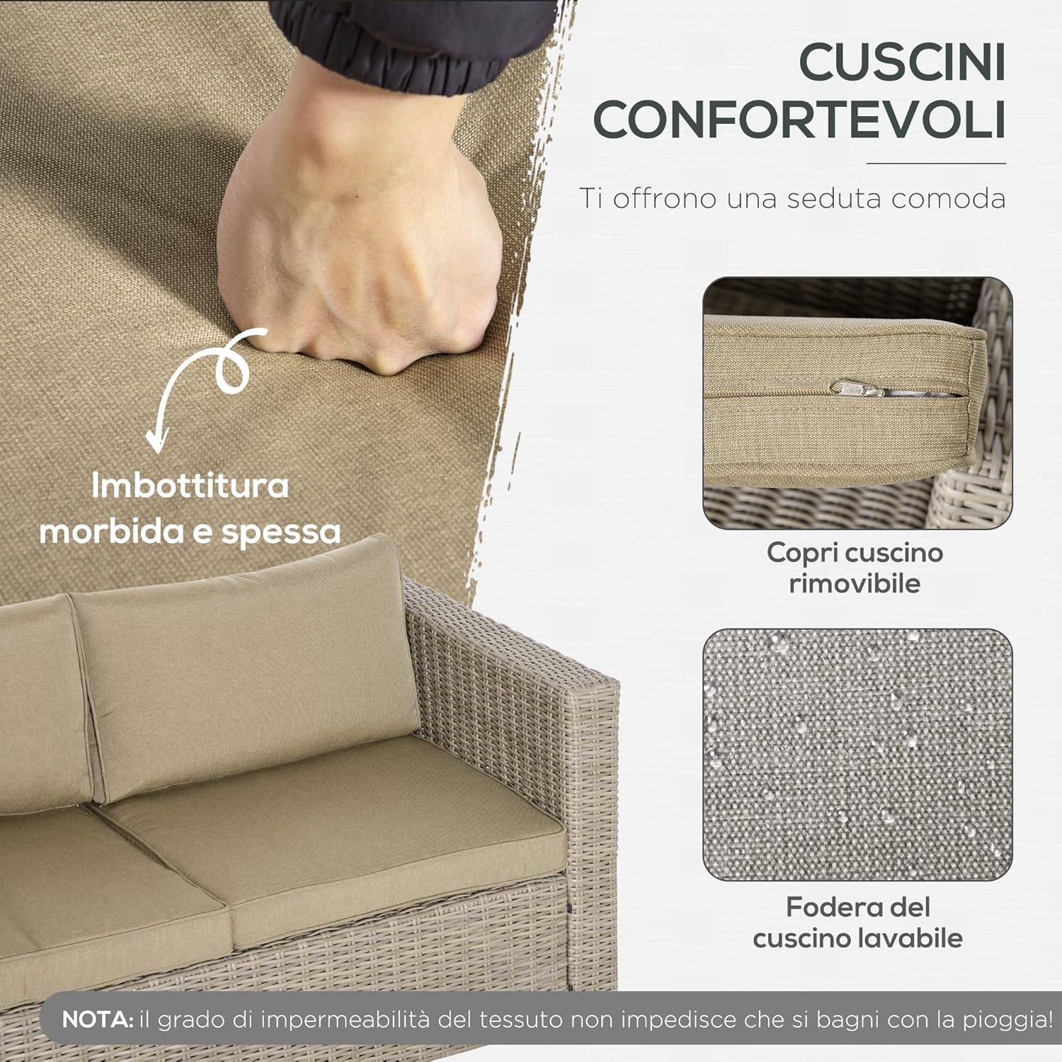 Outsunny 4-Piece PE Rattan Garden Furniture Set, Outdoor Living Room with 1 Sofa, 2 Armchairs, 1 Table and Removable and Washable Cushions, Khaki and Beige