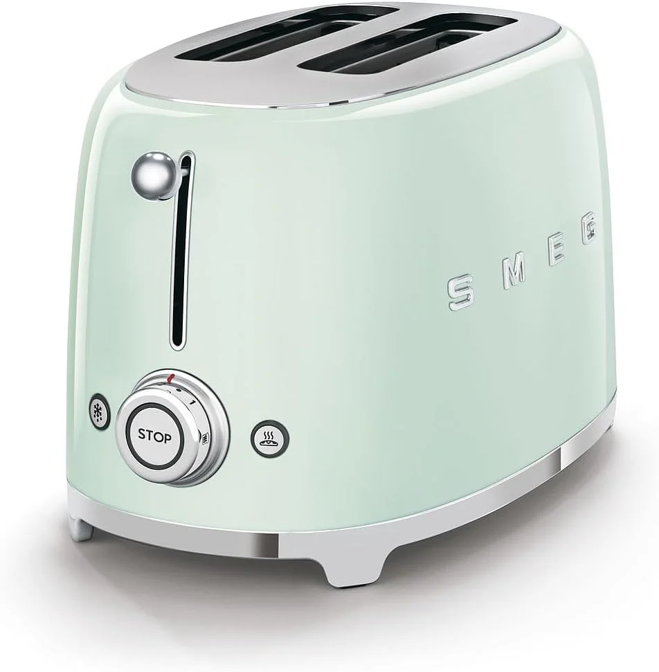 Smeg, 2x2 TSF01PGEU -Broodrooster, 2 sleuven voor 2 sneden, 6 bruiningsniveaus, verwarmingsfunctie, ontdooi- en bagel-functie, kruimellade, 950W, Pastellgroen