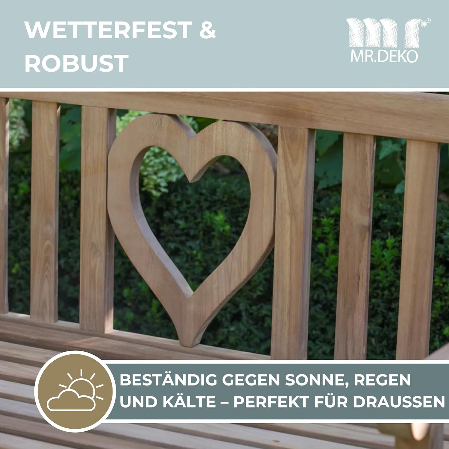 Gartenbank Motiv Teakholz | Holzbank mit Lehne | Friesenbank für draußen | 2-Sitzer 120x60x94 cm | Sitzbank Teak massiv & wetterfest Garten Balkon Terrasse | Parkbank zum Relaxen (Herz)