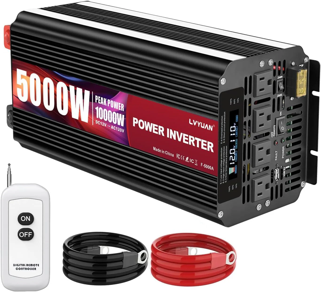 5000 Watt Power Inverter 12V to 110V 120V for Vehicle, Solar Inverter System, Heavy Duty, RV, Truck, Off Grid,Camping with 4 AC Outlets, LCD Display, Wireless Remote Control, Car Power Inverter