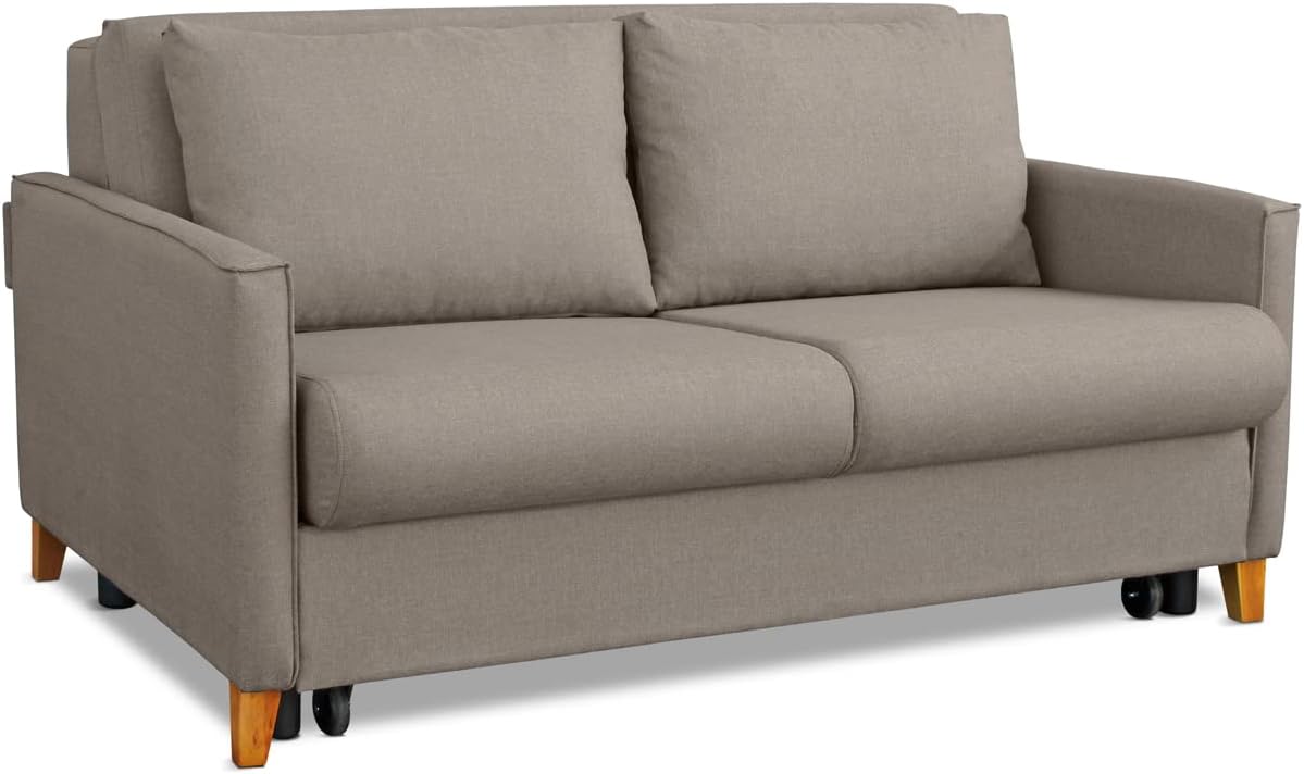 EVERGREENWEB - Divano Letto a 2 posti con Materasso 140x190, Sofà Soggiorno con zampe in legno designo Moderno e 2 Cusini in omaggio, Tortora | Malion (Tortora)