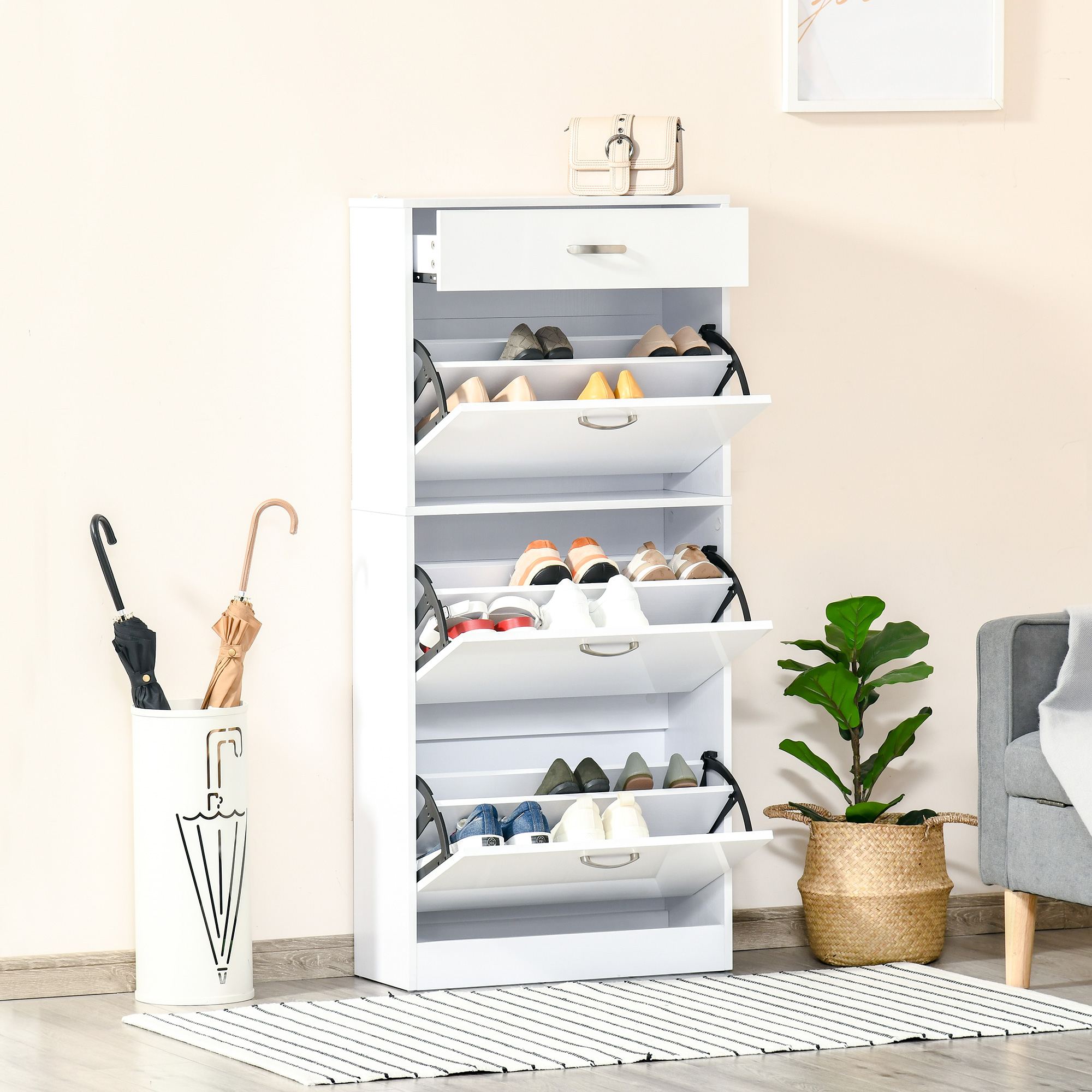 HOMCOM Schuhschrank - 3 klappbare Türen und ausziehbare Schublade - Maße 62L x 24B x 135H cm - Aluminiumgriffe Spanplatten Weiß