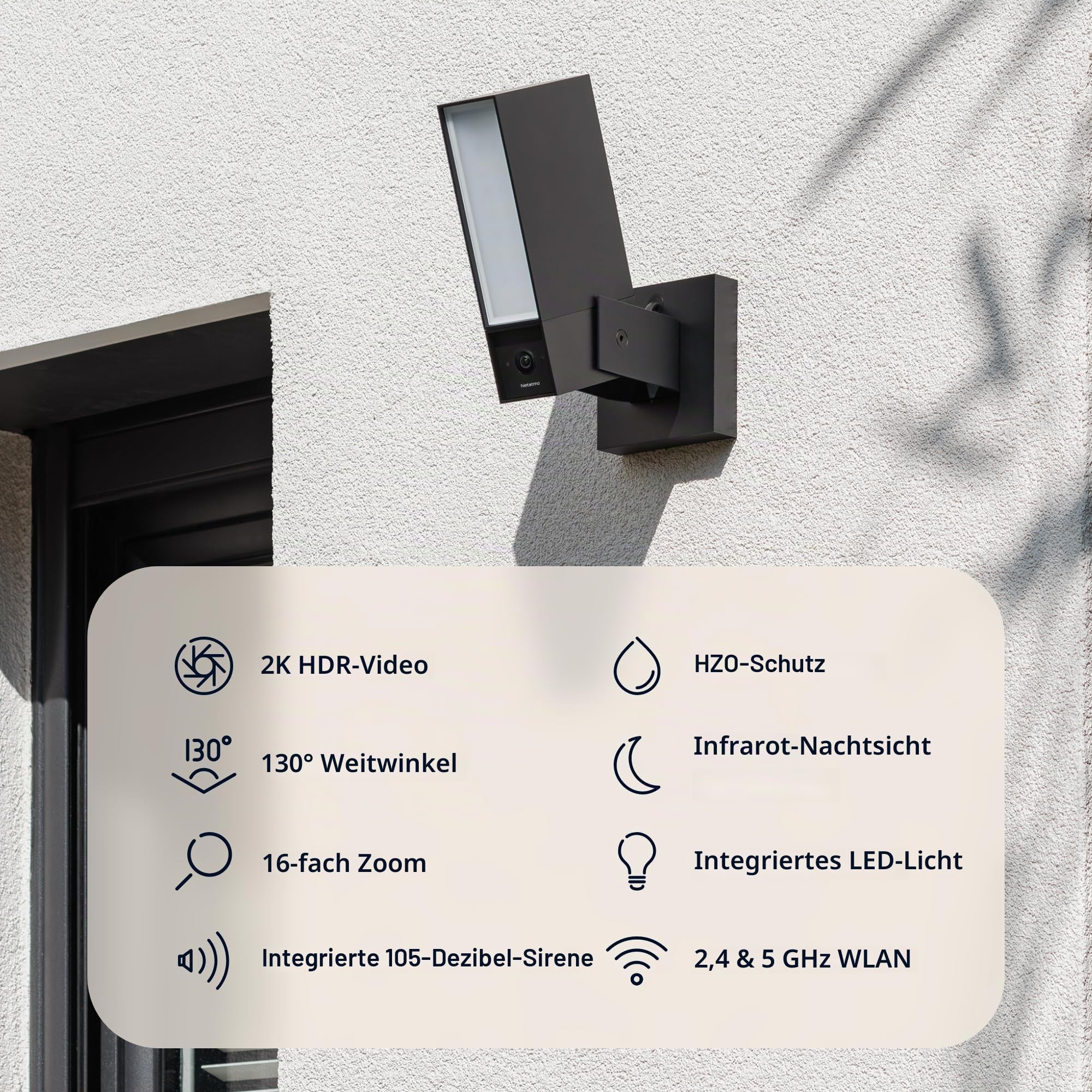 Überwachungskamera Außenbereich NOC2-B-AMZ 2K+ HDR 30 fps 130° Weitwinkel KI-Erkennung 12-W-LED-Flutlicht 105-dB-Sirene Dualband-WLAN