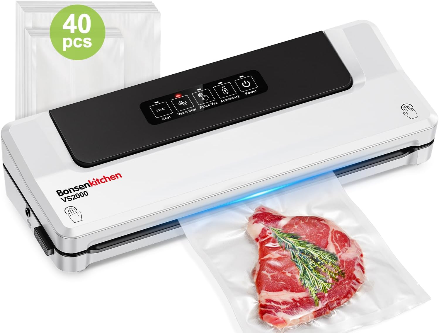 Bonsenkitchen Macchina Sottovuoto per Alimenti 4 in 1 - Macchina Sottovuoto per La Cottura Sottovuoto e La Conservazione di Alimenti Freschi, Con Modalità Vuoto Esterno, con 40 sacchetti sottovuoto