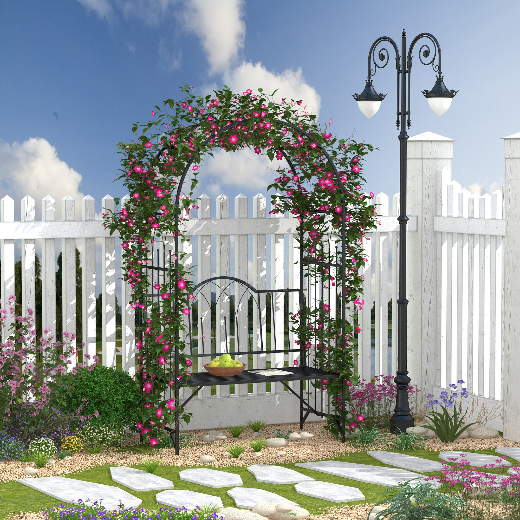 Outsunny Rosenbogen mit Bank Rosenbank Laubenbank Philosophenbank Rankgitter Rankhilfe Gartenbank Metall Schwarz 115 x 59 x 203 cm