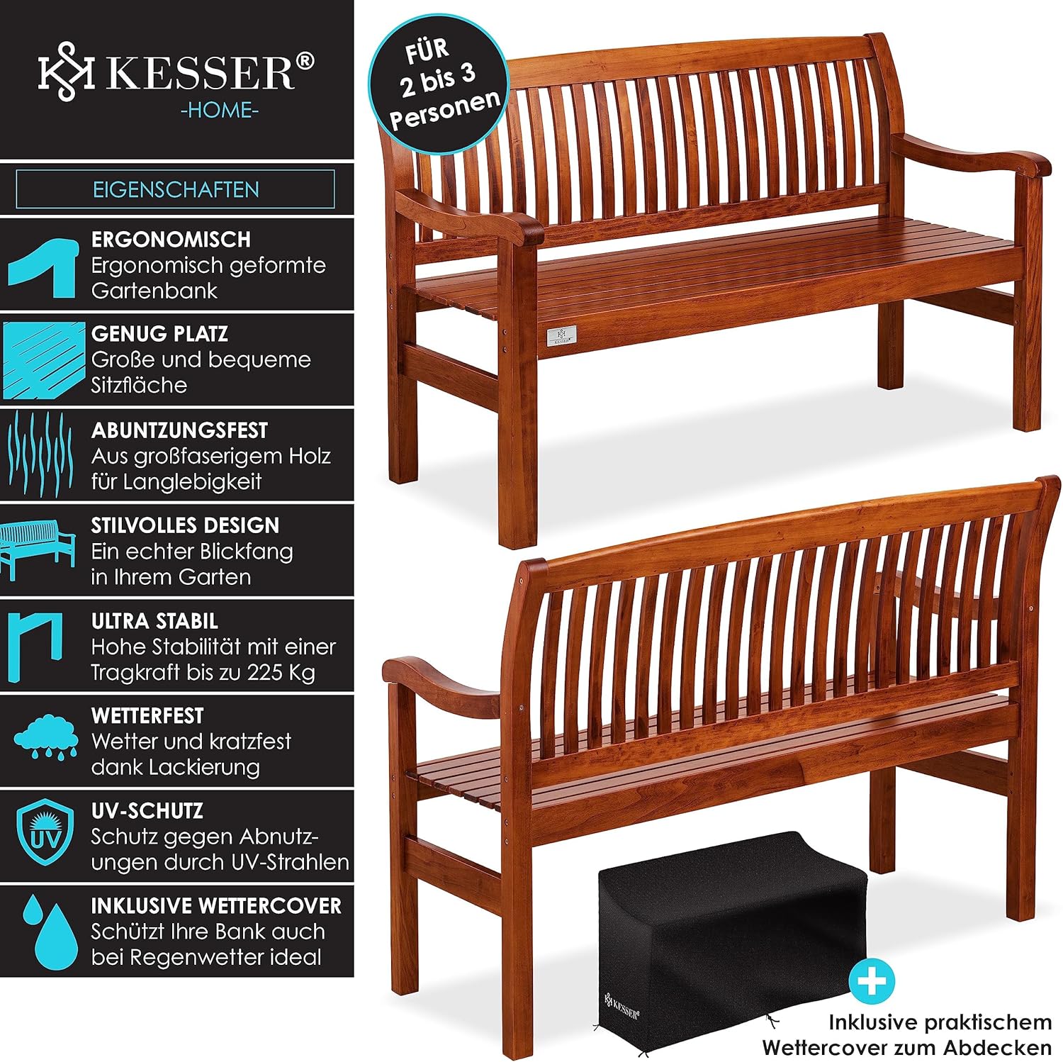 KESSER® Gartenbank Holz Holzbank wetterfest | Für 2 bis 3 Personen | Parkbank aus Massivholz | Sitzbank 320kg belastbar 125 cm | Balkonbank Bank für Balkon Terrasse & Garten inkl. Cover Dunkelbraun