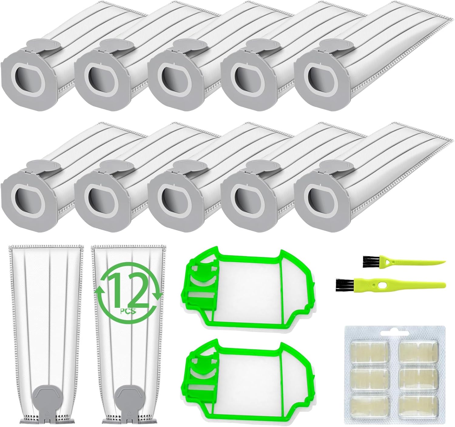 12 sacchetti per aspirapolvere compatibili con aspirapolvere Vorwerk Folletto VK7 FP7 VK7S FP7S,Incluso 12 sacchetti folletto+ 2 Filtri Hepa +6 Profumi+2 Spazzolini Multiuso-Ricambi Vorwerk Folletto