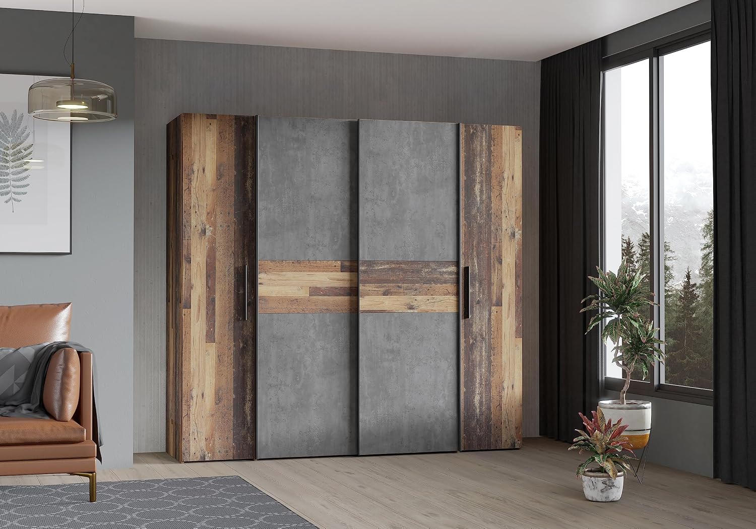 FORTE KALIXTUS Schrank 200, 4-türig Old, 200 cm breit x 190.5 cm hoch x 62 cm tief, Kleiderschrank, Wood Vintage/Betonoptik Dunkelgrau
