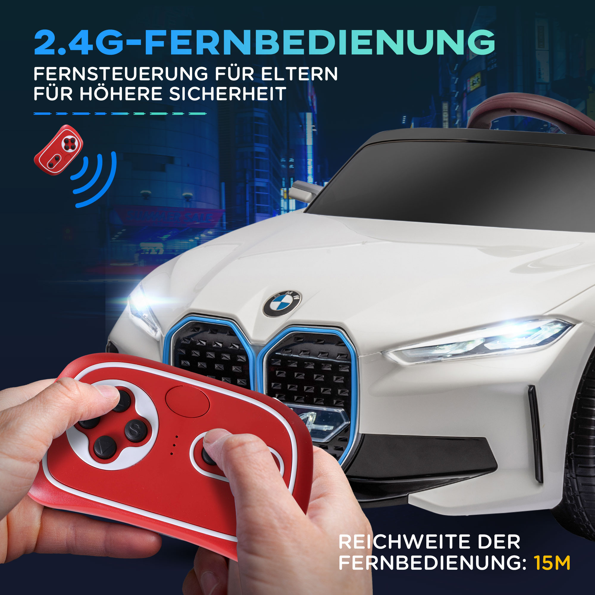 Kinderauto, oplaadbare accu, 3-5 km/u, met afstandsbediening, multimediaspeler, wit
