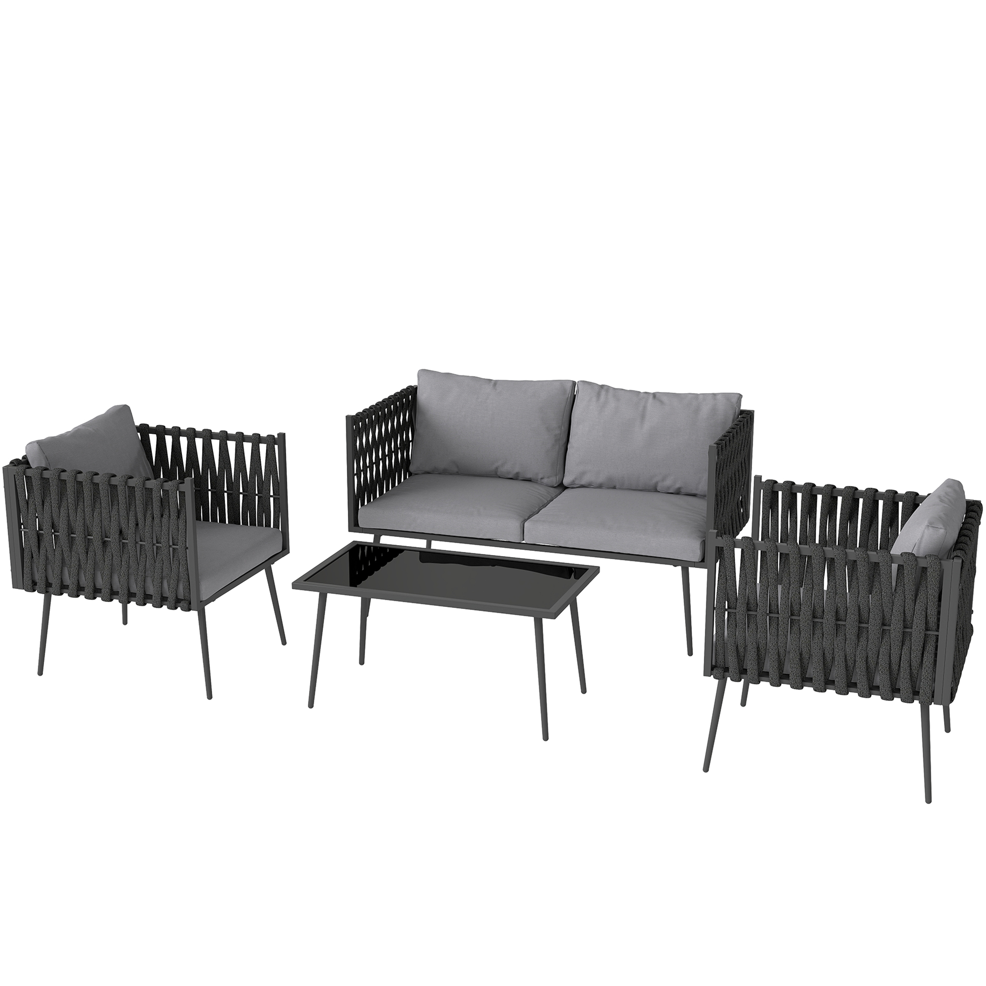 Outsunny Gartenmöbel Set 4 Personen wetterfest Balkonmöbel-Set mit 2er Sofa, Sessel Glastisch Sitzkissen Hellgrau