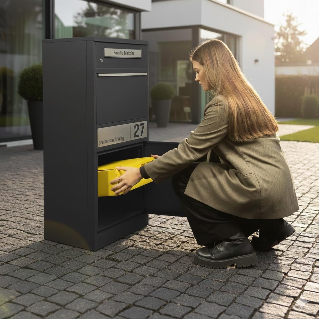 Metzler Briefkasten und Paketbox rostfrei und massiv, paketbox draussen groß XXL, Standbriefkasten modern, Paketkasten, Postbox in DB 703 Eisenglimmer mit Namensgravur, Modell Bispo 2