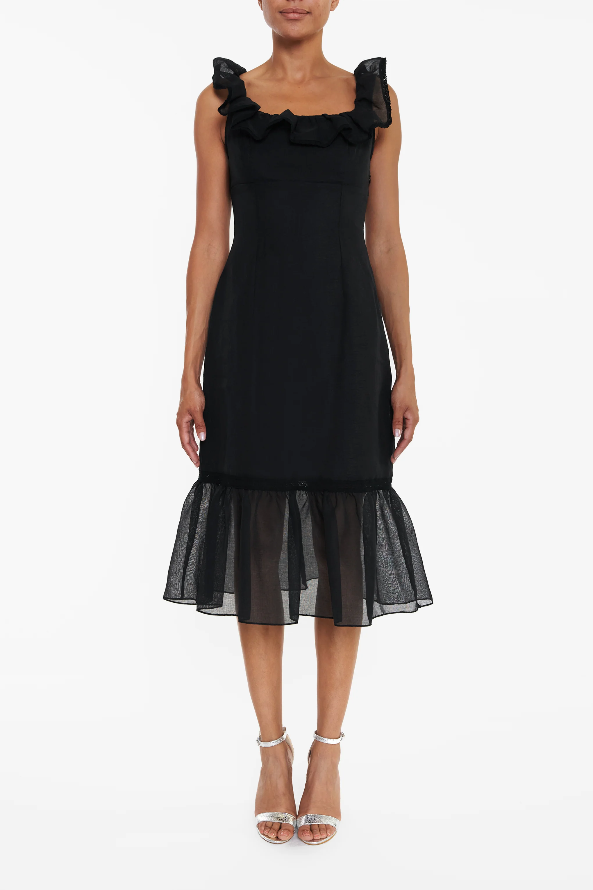Alberta Black Linen Tiered Hem Midi-Dress