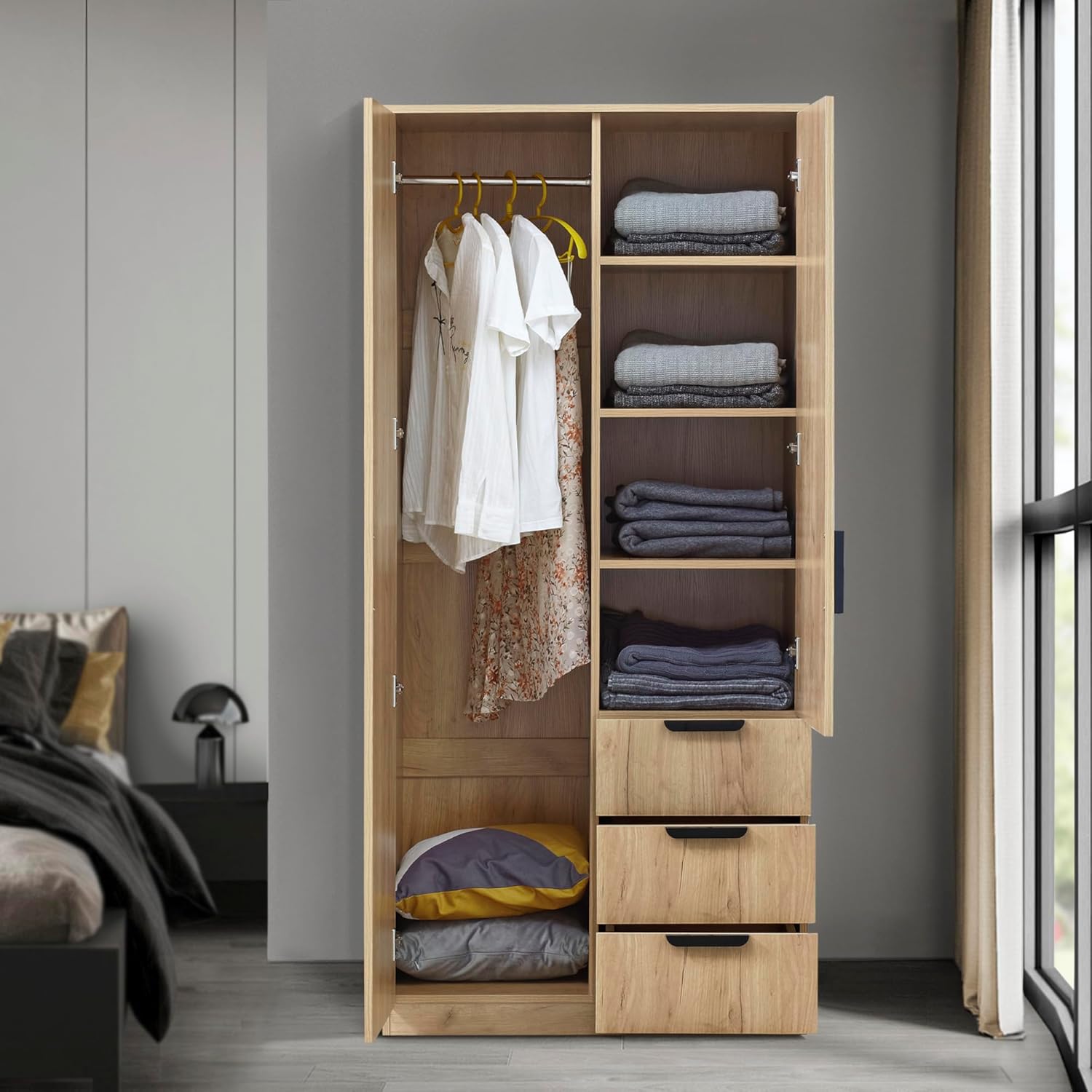 [en.casa] Wardrobe for Bedroom Closet with Doors 4 Compartments Coat Rack 3 Drawers 176 x 80 x 52 cm Oak Effect