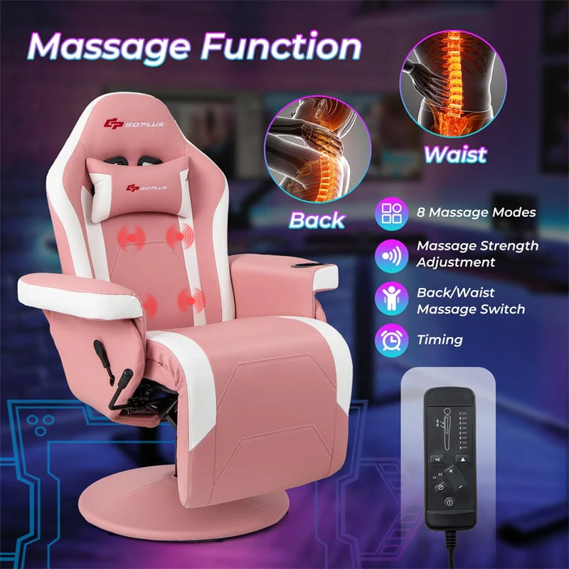 Ergonomic Gaming Recliner Chair with Massage, Retractable Footrest & Cup Holder, Height Adjustable Racing Style Swivel Video Game Chair