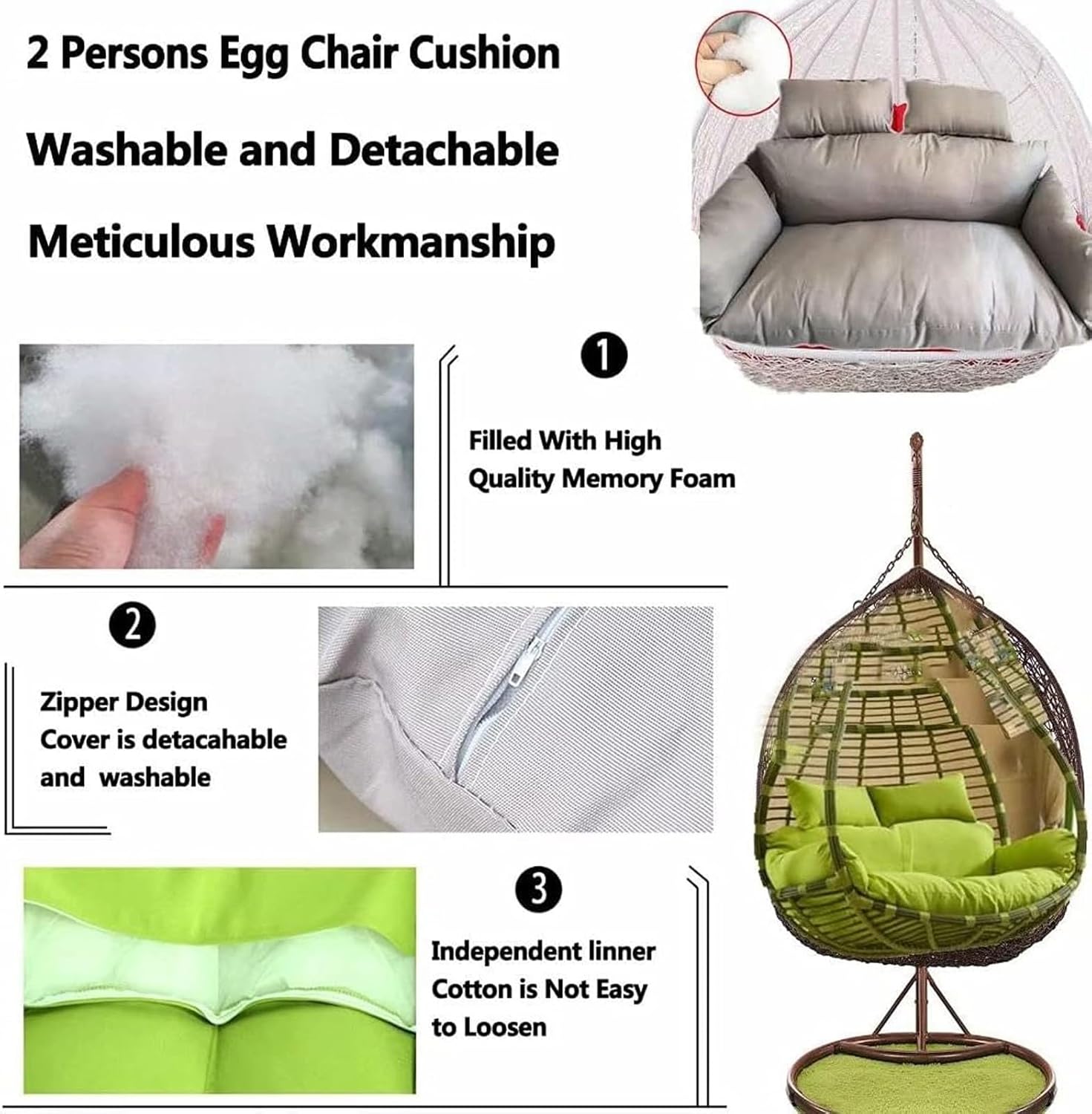 Sedia sospesa per 2 persone, impermeabile, in rattan, rimovibile, design a nido d'uovo, altalena con cuscini imbottiti, ideale per rilassarsi in giardino