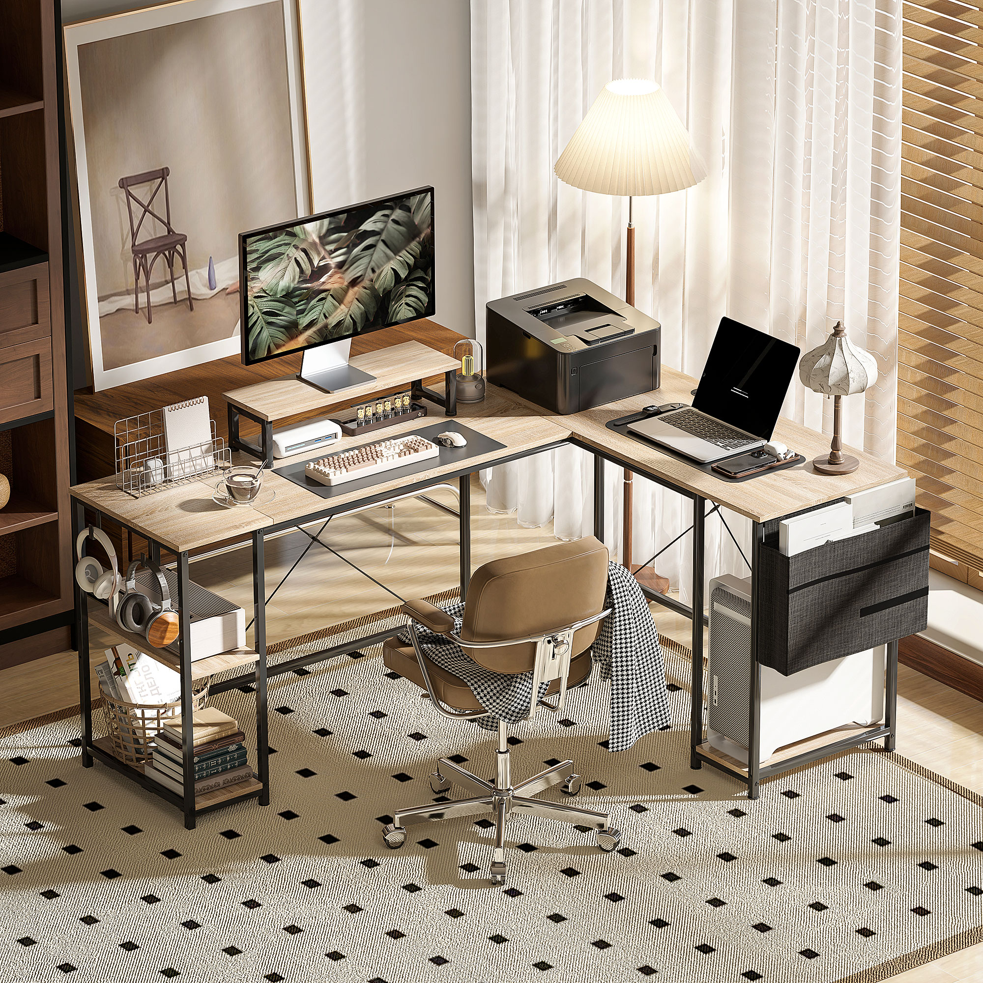 HOMCOM Modularer, umkehrbarer Eck-Schreibtisch 168-240 cm im Industrie-Stil - höhenverstellbares Regal, Aufbewahrungstasche, Bildschirmständer