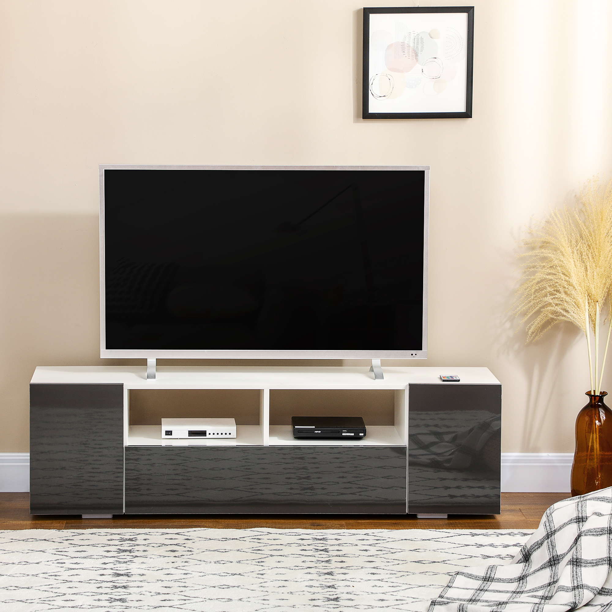 HOMCOM TV-Möbel LED-Bank mit 2 Regalen und Schränken 137 x 35 x 42 cm Weiß Grau lackiert