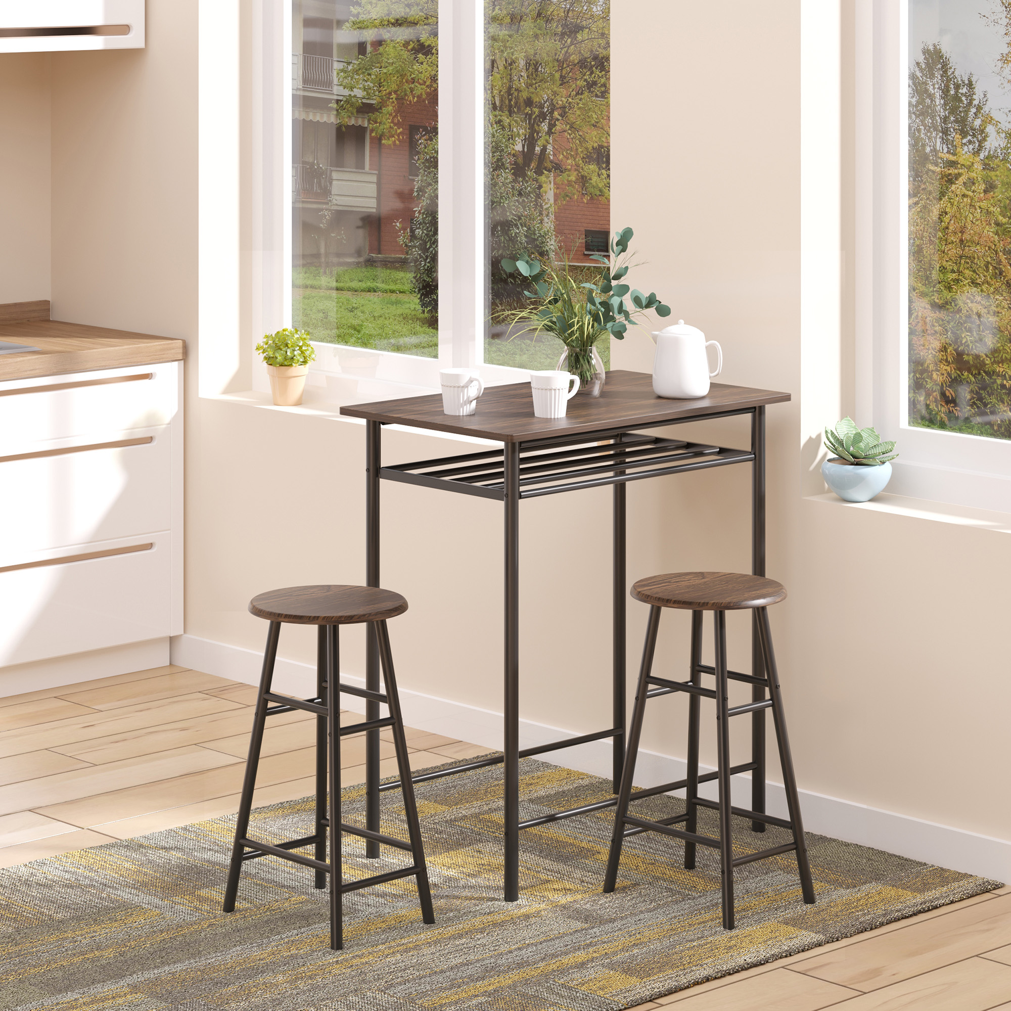 HOMCOM Bargarnitur, 3-teilig, Tisch & 2 Hocker, Regal, Industrie-Design, Schwarz/Eiche