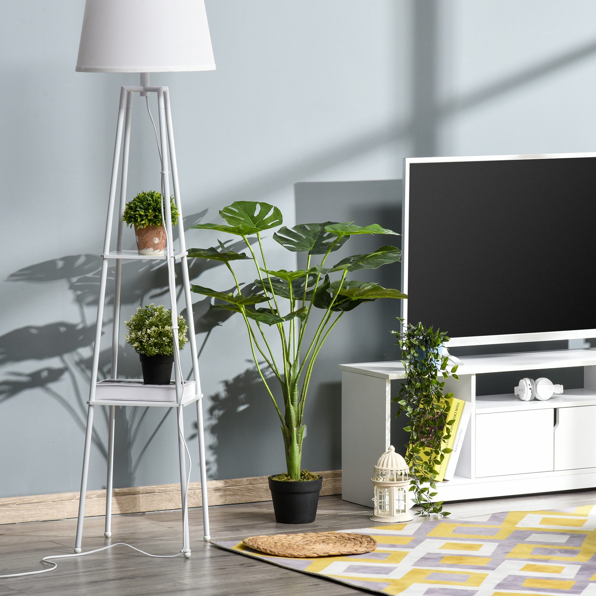 Outsunny Künstliche Monstera Pflanze mit 13 Blättern im Zementtopf, für Innen- und Außenbereich, Ø16 x 85H cm