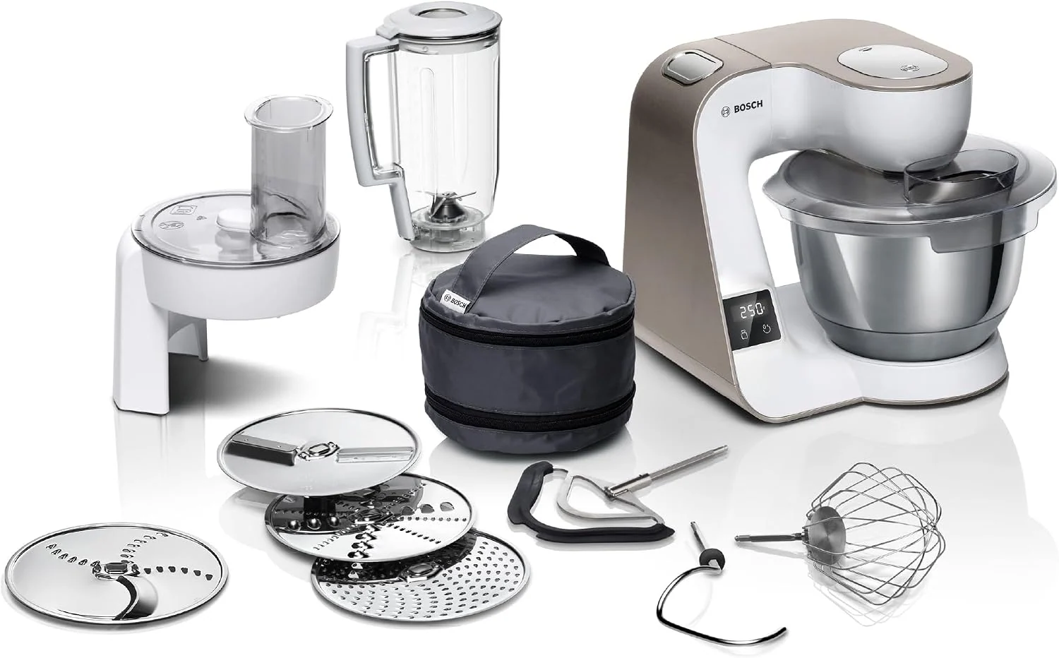 Bosch Küchenmaschine Serie 4, Mixer 1,25 L, MUM5XW20, Edelstahl-Schüssel 3,9 L, 1000 W, integrierte Waage, Profi-Knethaken, Schnee, Silikonbesen, weiß