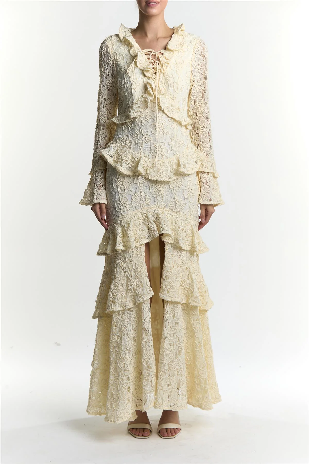 Abby Cream Ruffle Lace Up Maxi Dress