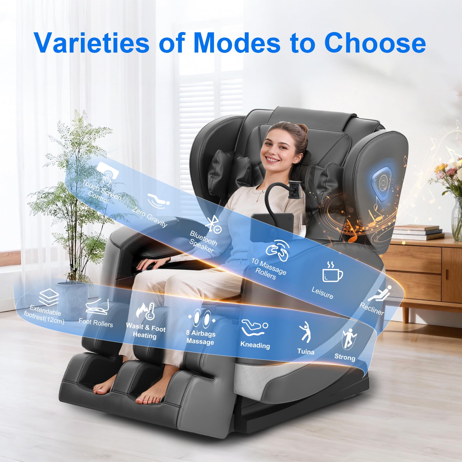 Massagesessel mit Zero-Gravity 14 Rollen 8 Luftkammern Wärmefunktion Rücken und Beine Fußmassage Bluetooth 2-in-1-Touchscreen