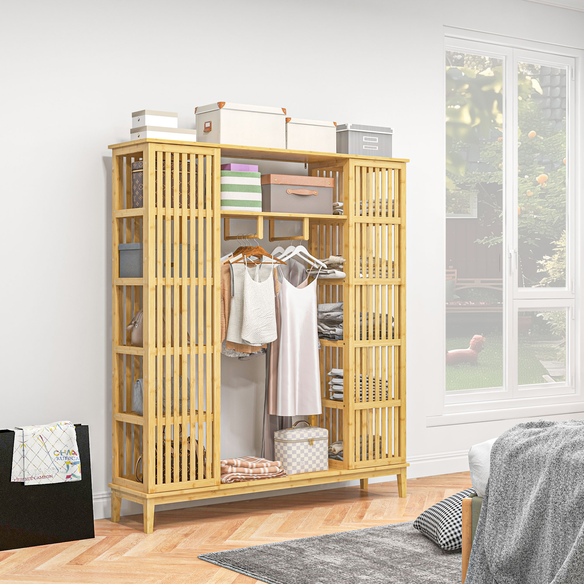HOMCOM Bambus-Kleiderschrank mit 2 Schiebetüren, Regalen und Stange, großer Schrank für das Schlafzimmer, 145 x 35 x 165cm