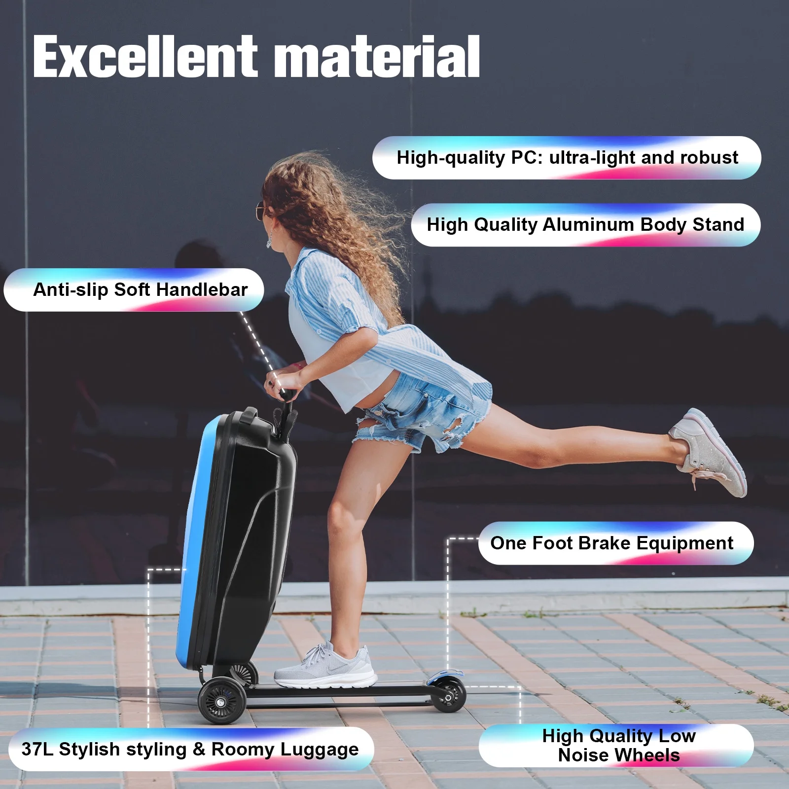 Advwin Scooter Luggage for Kids & Adults, Hardside Ride on Suitcase for Kids Ages 4-15 Multifunctional Lightweight Foldable Carry on Luggage with Wheels Ride on for Children Teenagers, Pink