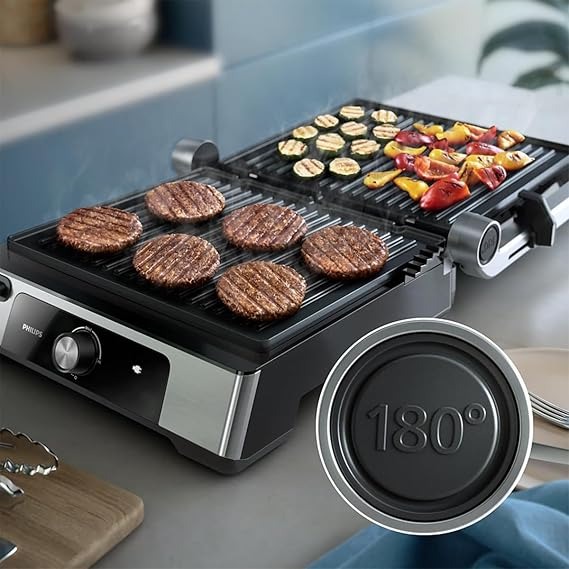Philips Griglia Elettrica - Contact Grill. Temperatura regolabile. Ampio grill e prestazioni ad Alta Potenza. Piastre Antiaderenti e vassoio raccogli grasso rimovibili. (HD6301/90)
