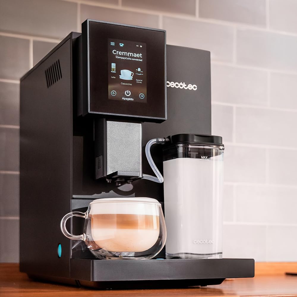 Cecotec Kompakte Superautomatische Kaffeemaschine mit Wifi Cremmaet Compactccino Connected Black Rose. 1350W, 19 Bar, TFT-Bildschirm und APP, Mahlwerk, Milchtank 400 ml und 1 Liter Wasser