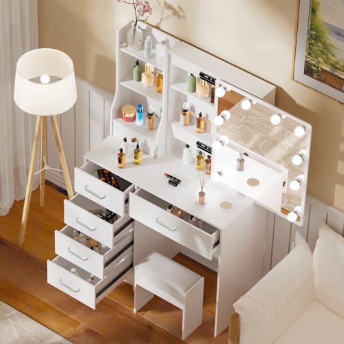 Teousev Toilette Trucco con Sgabello e Specchio, Toeletta Trucco con Luci, Postazione Trucco con 6 Cassetti, 6 Ripiani Aperti, Tavolo Trucco per La Camera Da Letto, 80X36X131cm, Bianco, JR071 : Amazon.it: Casa e cucina
