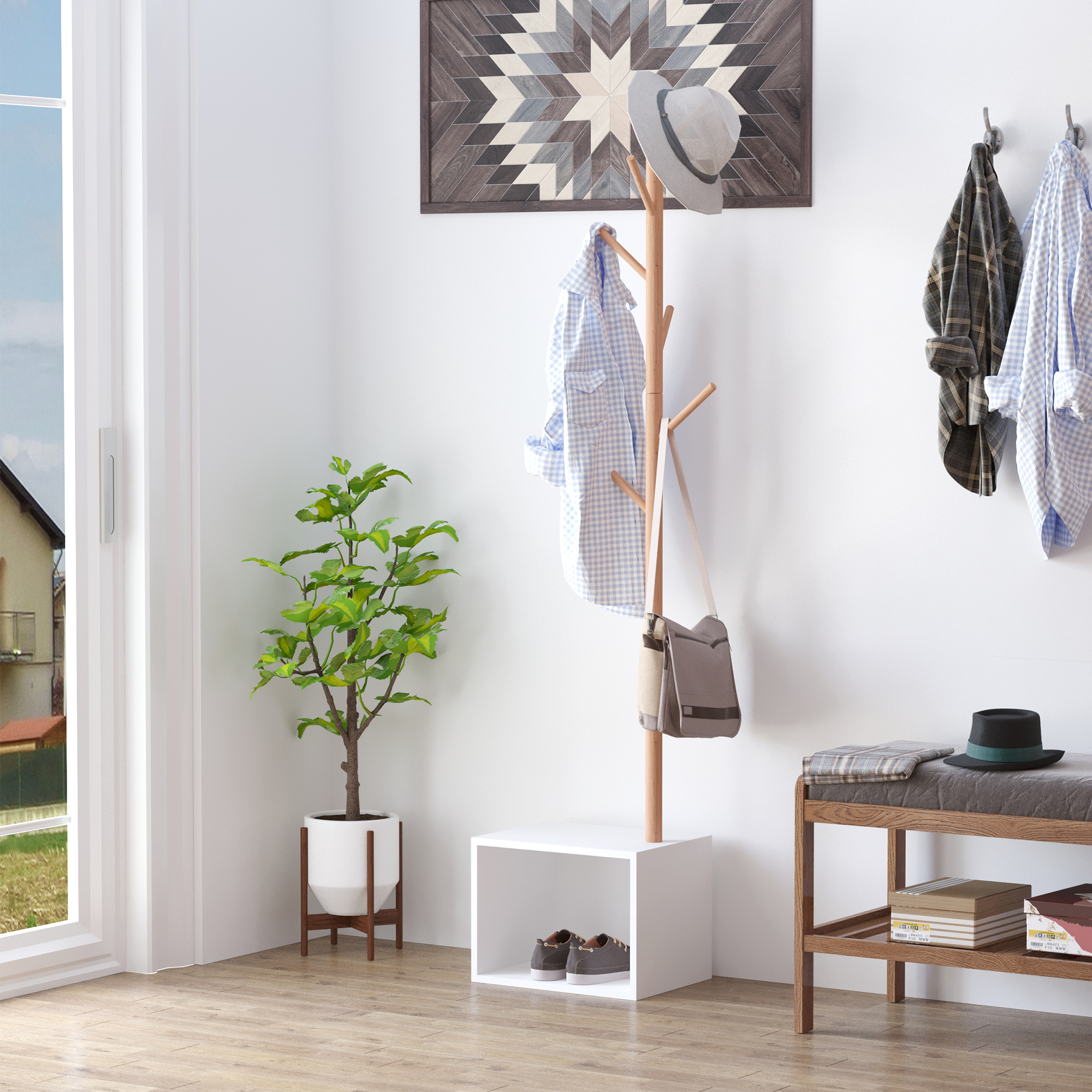HOMCOM Garderobenständer Kleiderhaken Garderobe mit Sitzbank Stauraum Baum-Design Zweige 6 Haken Bambus Weiß Natur 40 x 30 x 180 cm