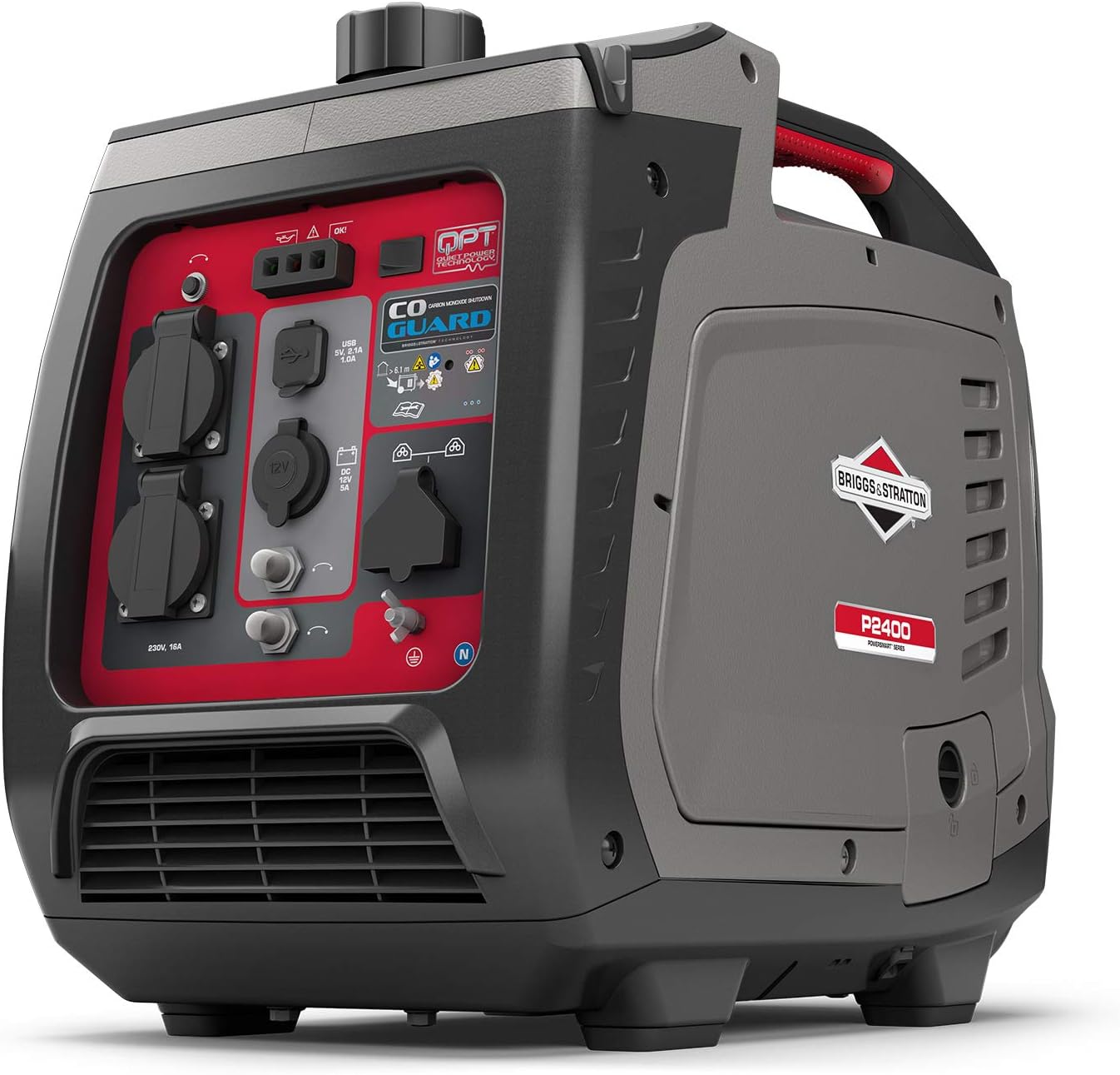 Briggs & Stratton P2400 - Generatore Di Corrente Silenziato, Con Tecnologia A Inverter Portatile A Benzina, 2400W, Grigio Rosso