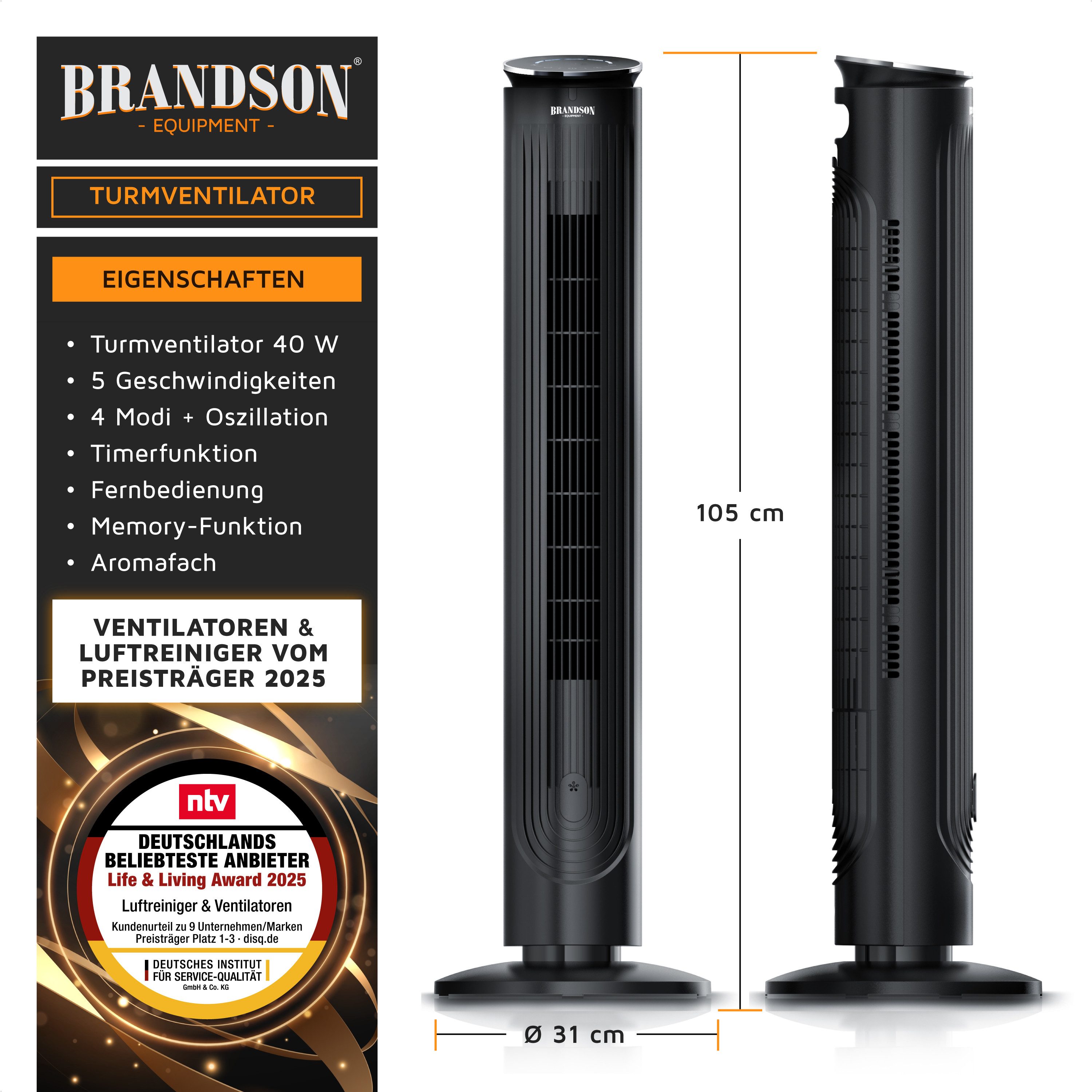 Turmventilator mit Fernbedienung, dank Aromafach als Diffusor verwendbar, 40 Watt