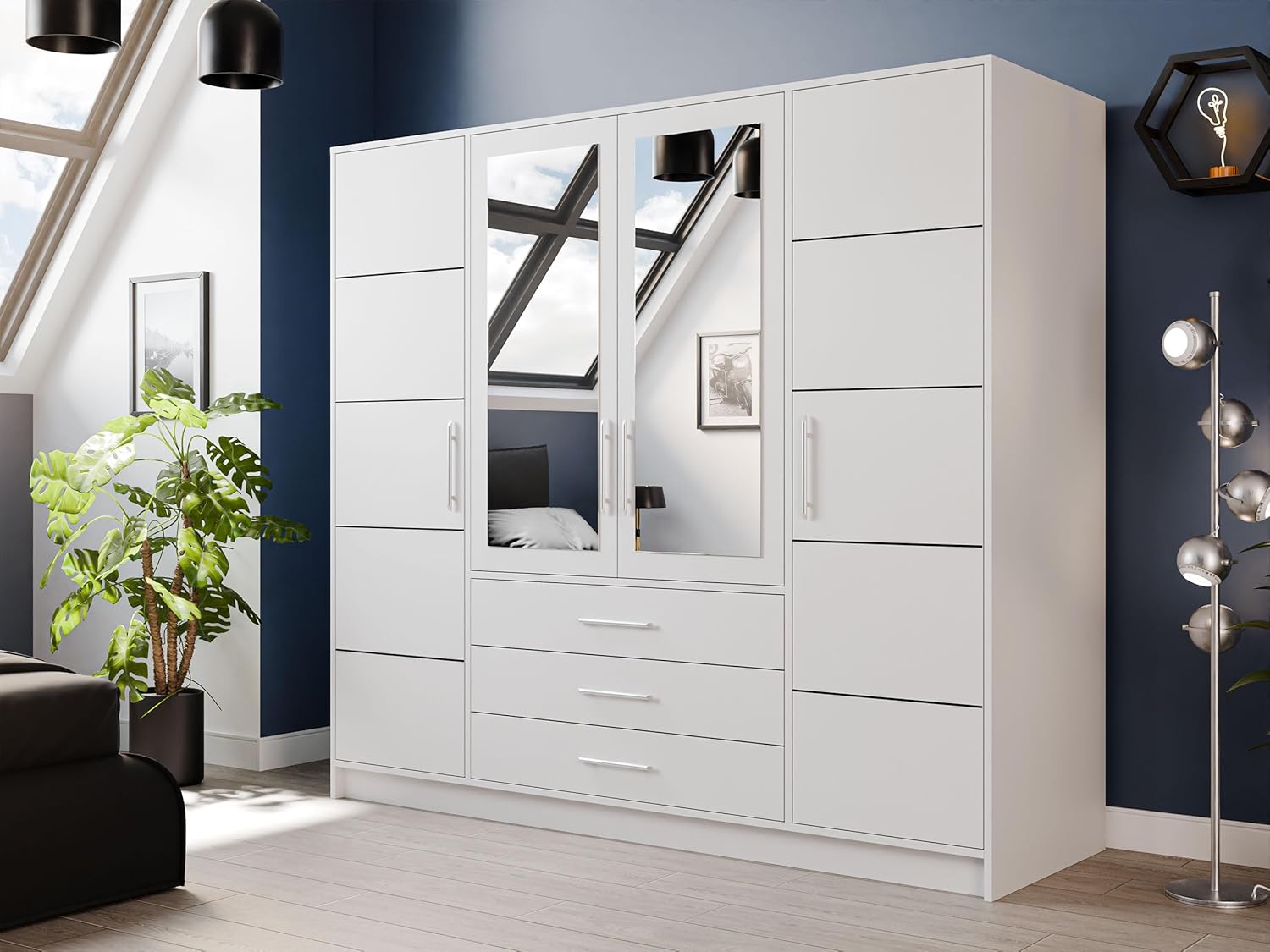 Drehtürenschrank Bado 4D, Kleiderschrank mit Spiegel, Schubladen und Spiegeltüren, Elegantes Schlafzimmer Schrank, Jugendzimmer (Weiß)