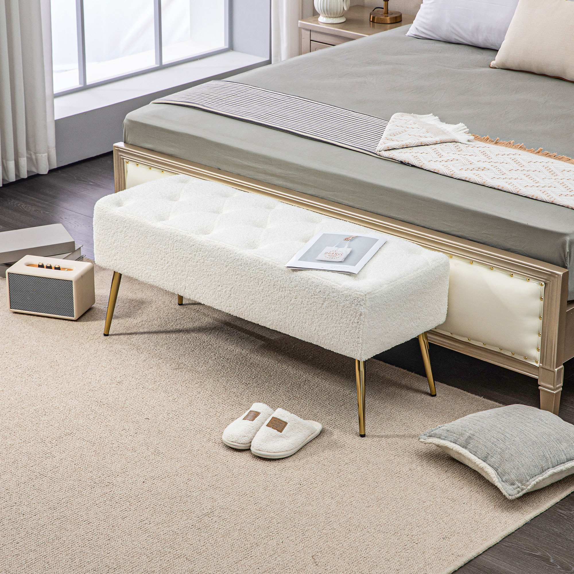 HOMCOM Polsterbank, Knopfheftung, Lammwoll-Optik, vergoldete Beine, bis 120kg, 112x41x46cm, Creme