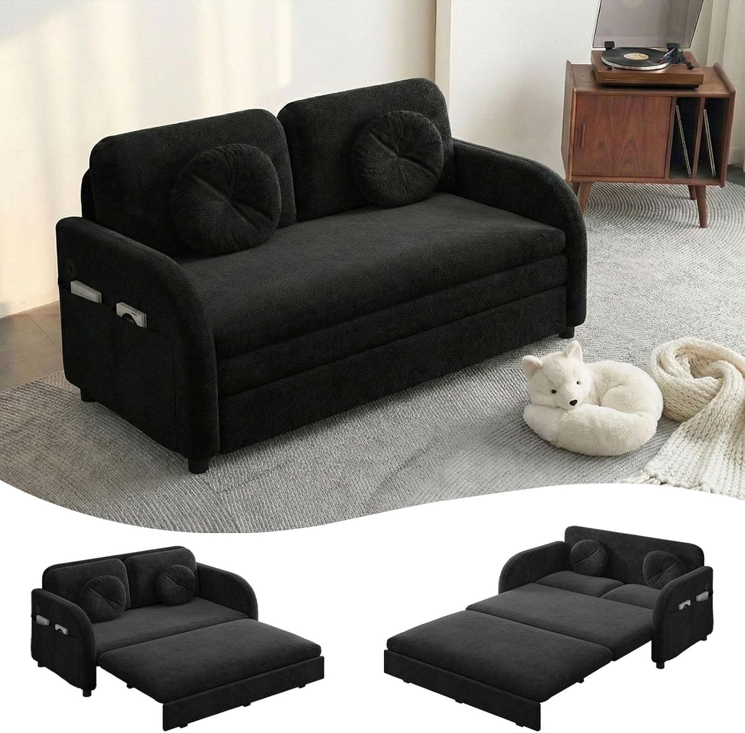 3-in-1 Sleeper Sofa Loveseat with Pull-Out Bed, Chenille Convertible Couch with Double-Layer Cushions, USB Ports & Storage Pockets for Living Room and Apartment (Black, 52.4