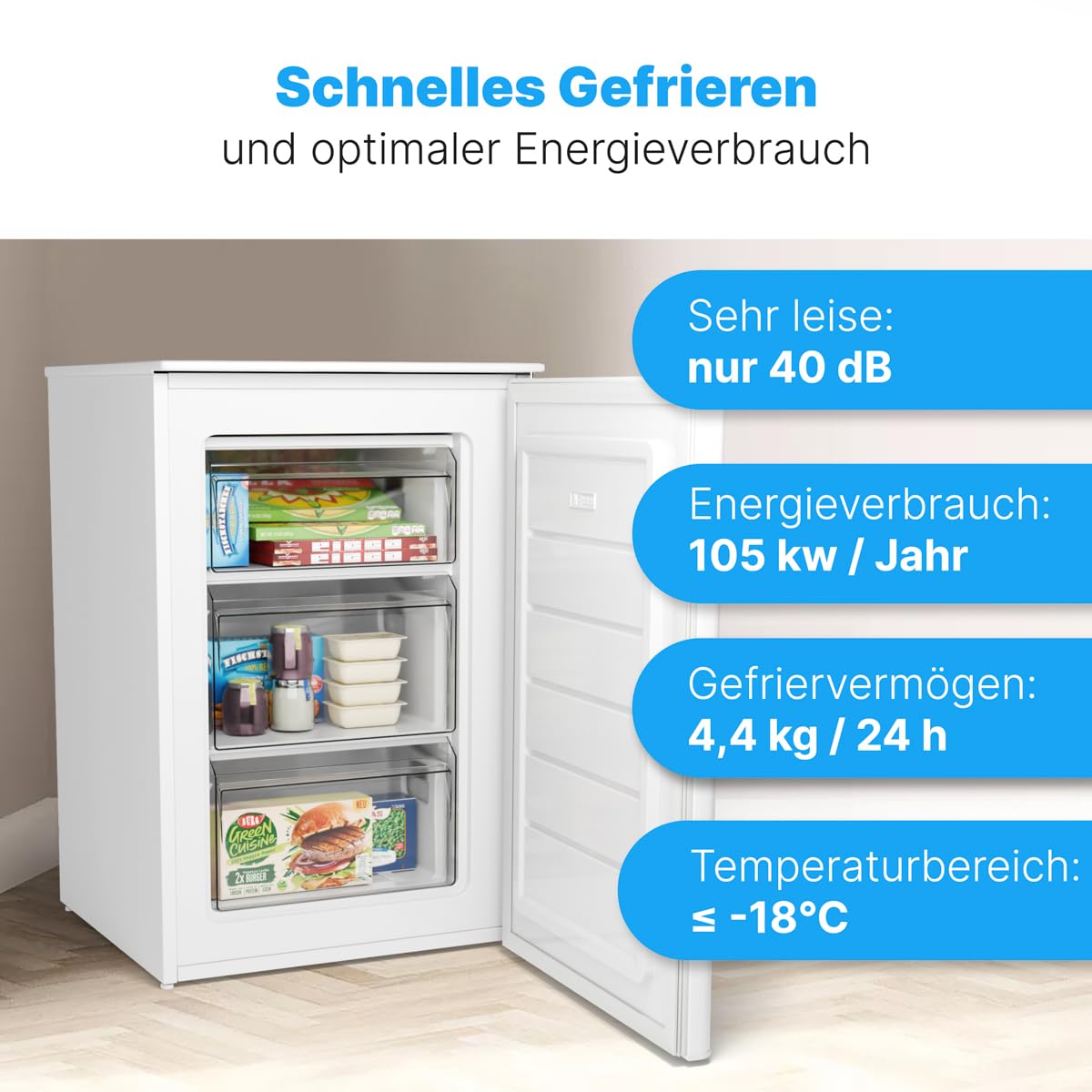 Gefrierschrank 87 L mit 4-Sterne-Gefrierfach, GS 7253, 3 Schubladen und Eiswürfelschale, weiß