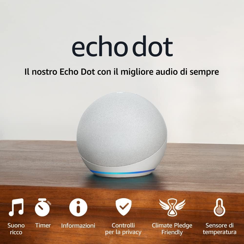 Echo Dot (Ultimo modello) | Altoparlante intelligente Wi-Fi e Bluetooth, suono più potente e dinamico, con Alexa | Bianco ghiaccio