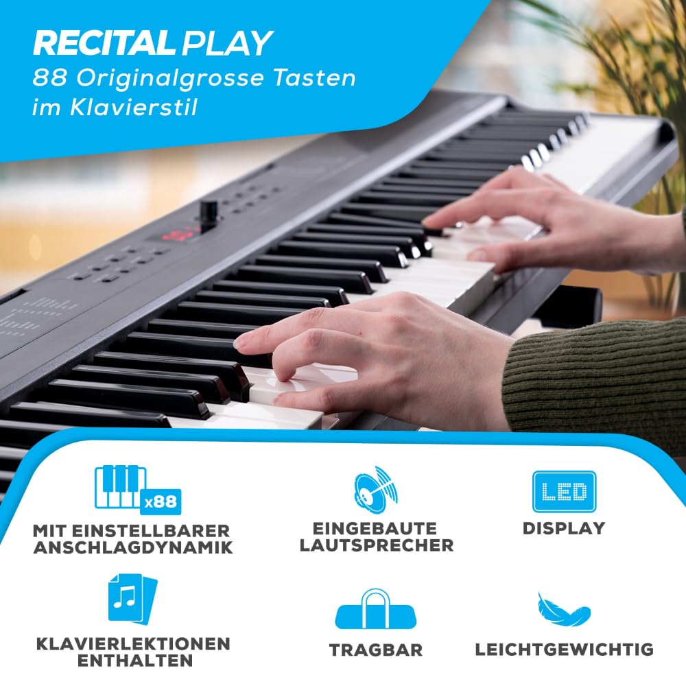 Alesis Recital Play Digitalpiano 88 Tasten Keyboard Piano Bundle für Anfänger mit Zubehör und Lernfunktion
