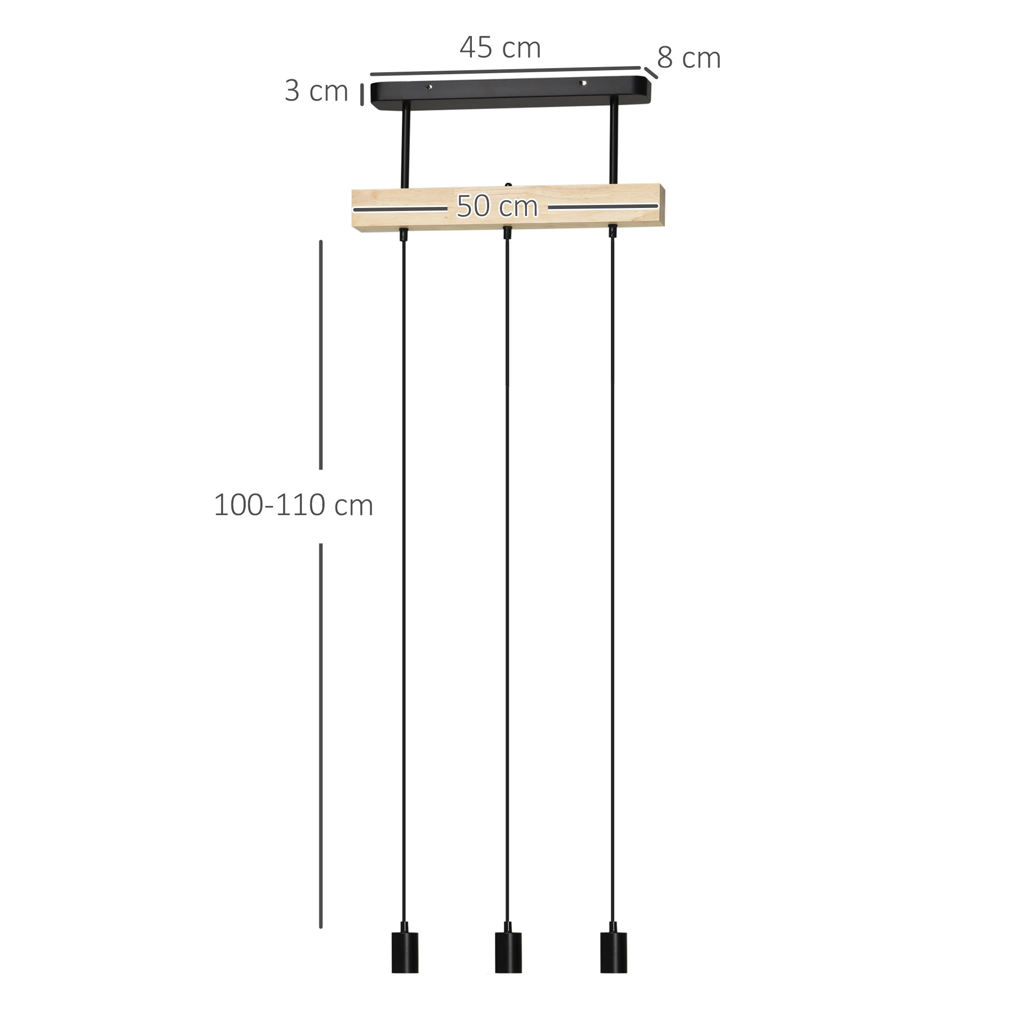 Hanglamp, 3-Lichtbronnen, Hoogteverstelbaar, Industrieel Design, Metaal+Hout, Zwart