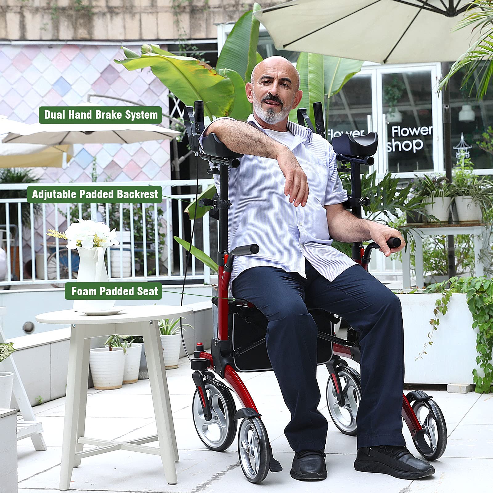 Healconnex Upright Rollator Walkers for Seniors- Stand up Rolling Walker with Seats and 10" Wheels, Padded Armrest and Backrest,Tall Rolling Mobility Aid with Basket, Foam Handle to Stand up